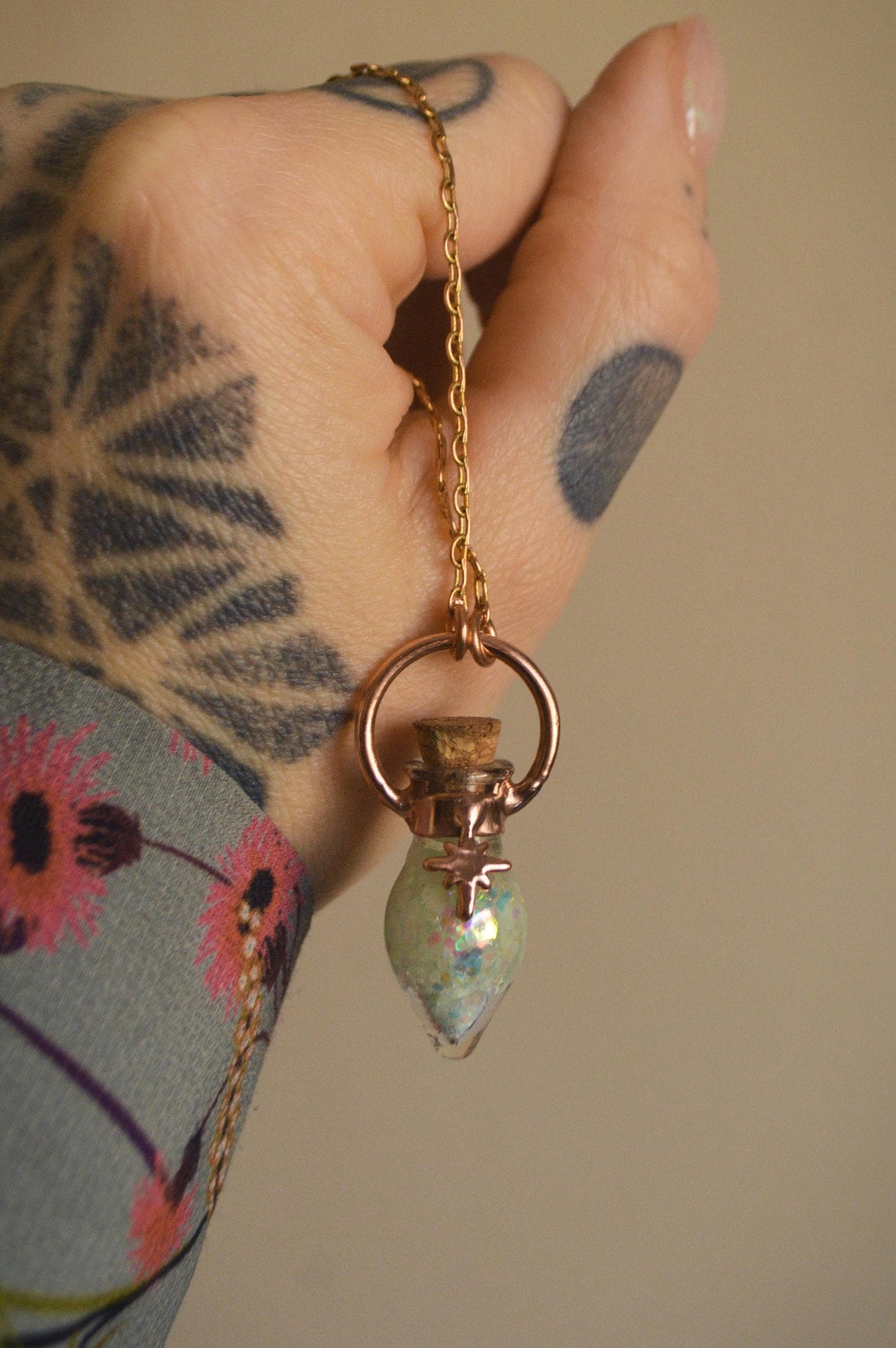 Magic potion vial, glow in the dark necklace. Copper witchy pendant