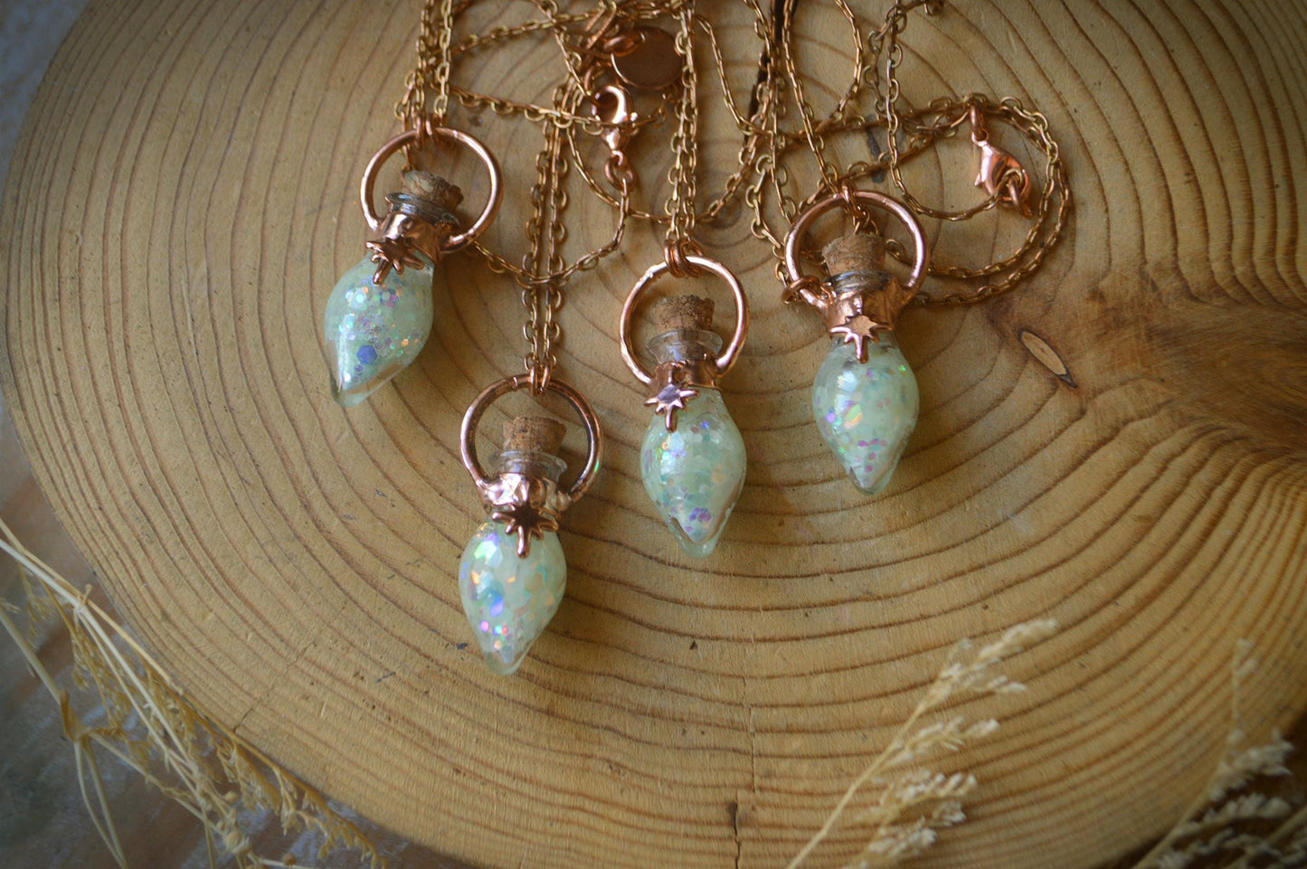 Magic potion vial, glow in the dark necklace. Copper witchy pendant
