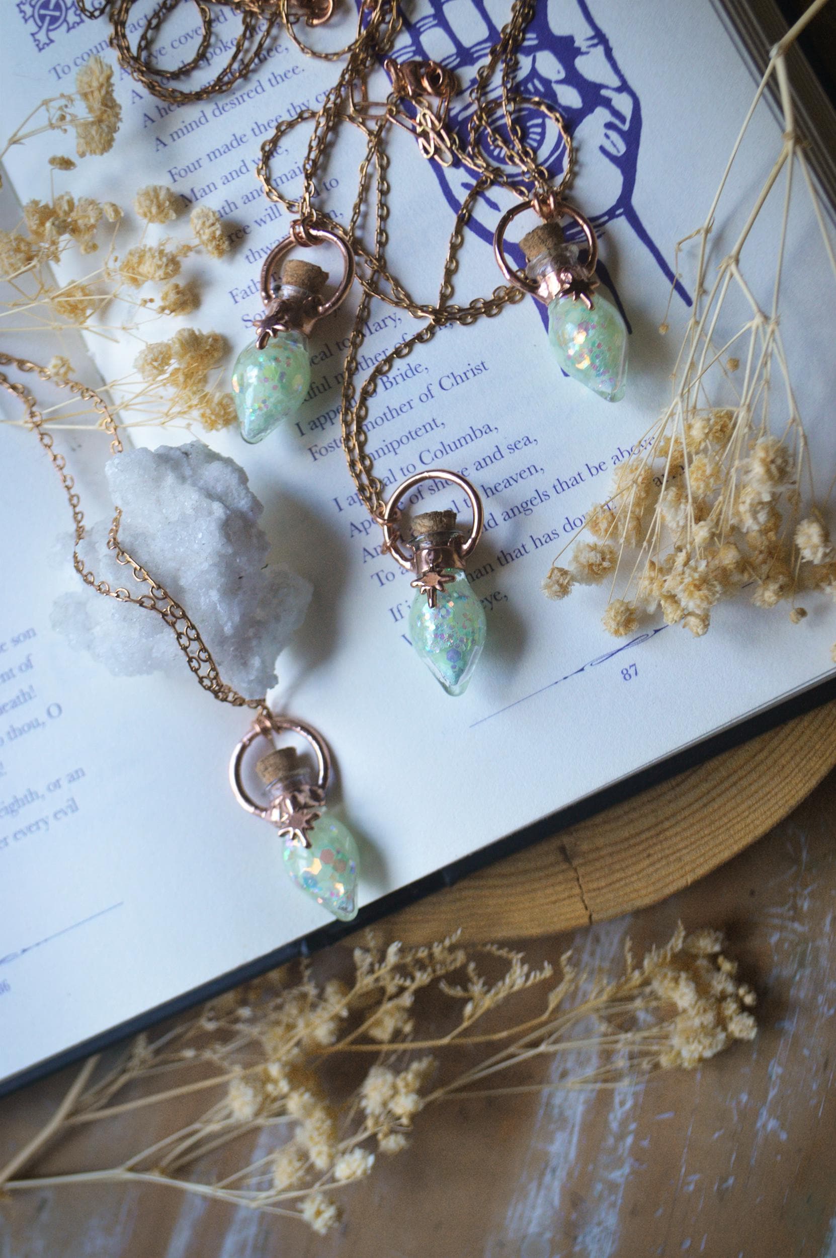 Magic potion vial, glow in the dark necklace. Copper witchy pendant