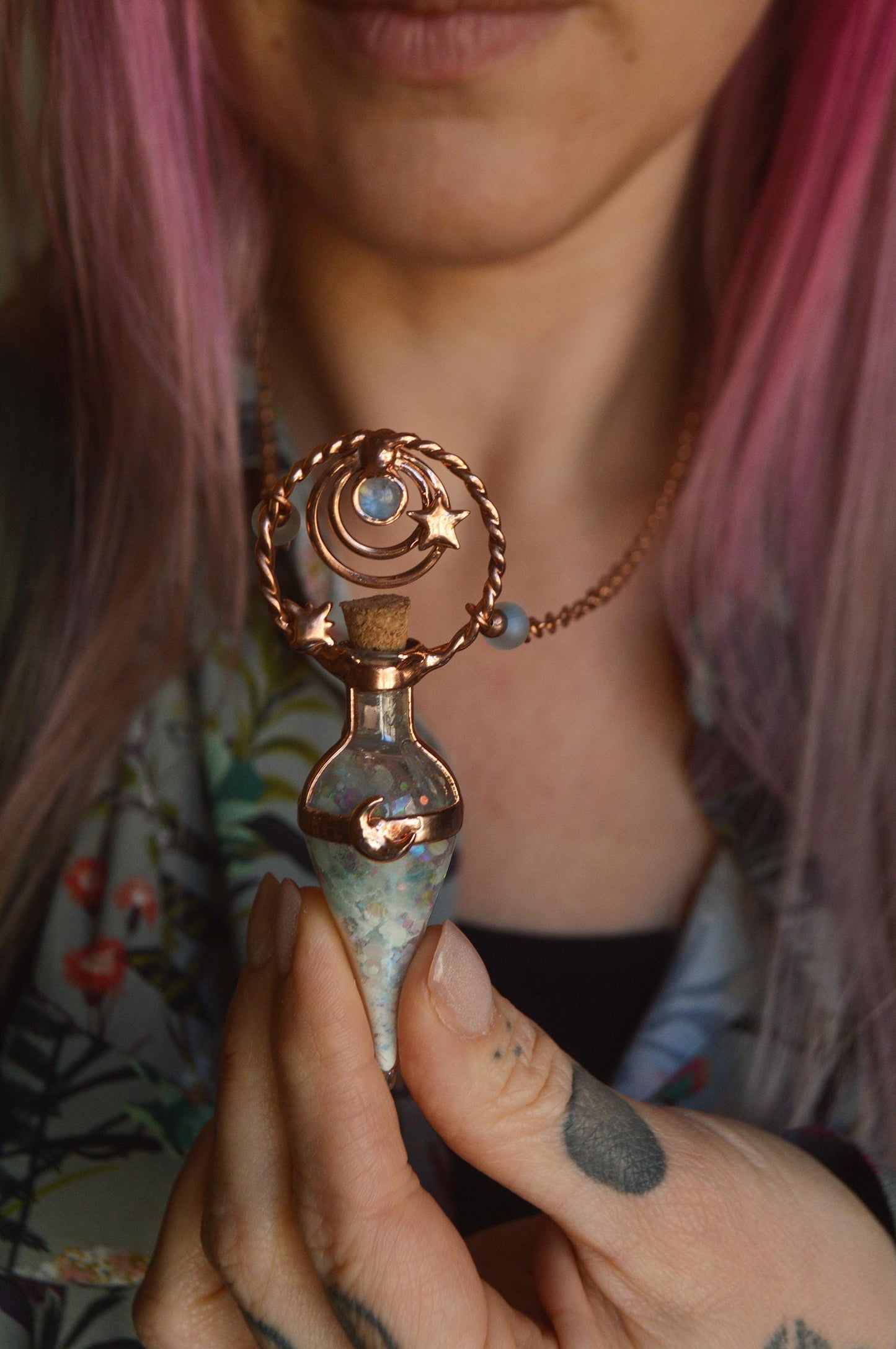 Glow in the dark, fairy dust vial necklace. Copper witchy pendant
