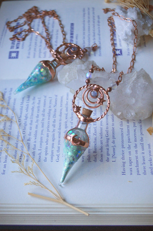 Glow in the dark, fairy dust vial necklace. Copper witchy pendant