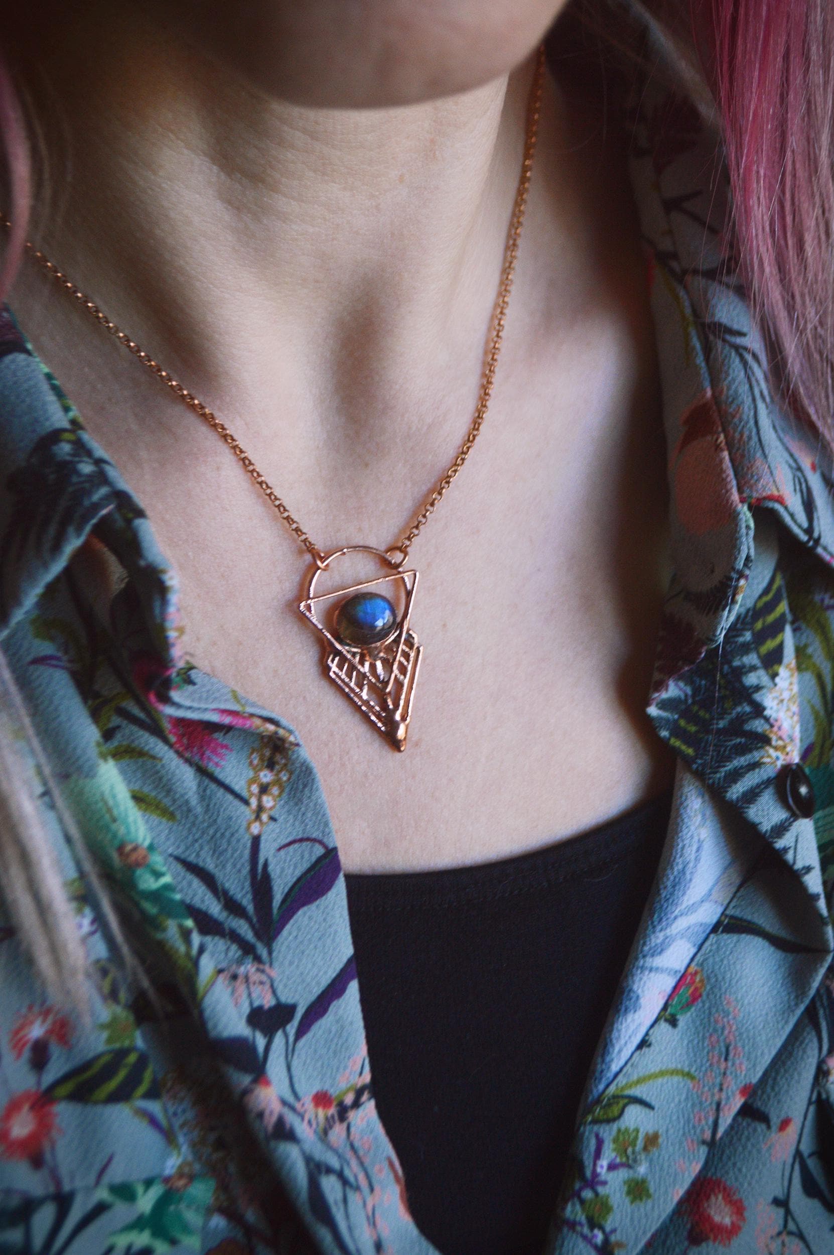 Blue labradorite geometric necklace. Witchy magic layering jewellery