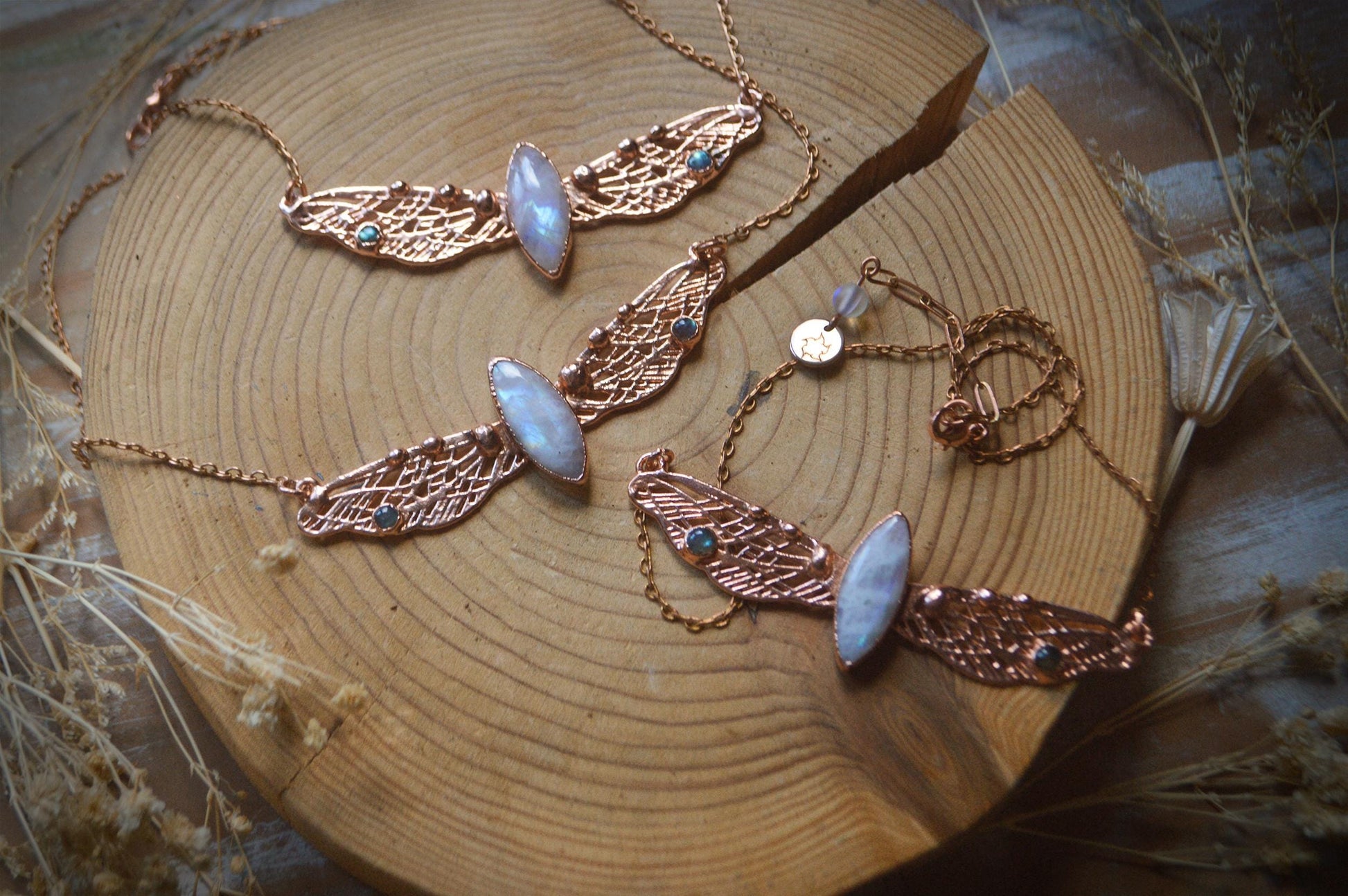 Rainbow moonstone dragonfly necklace, copper electroformed whimsical jewellery. Bright copper finish, faerie, pixie, valentine's gift