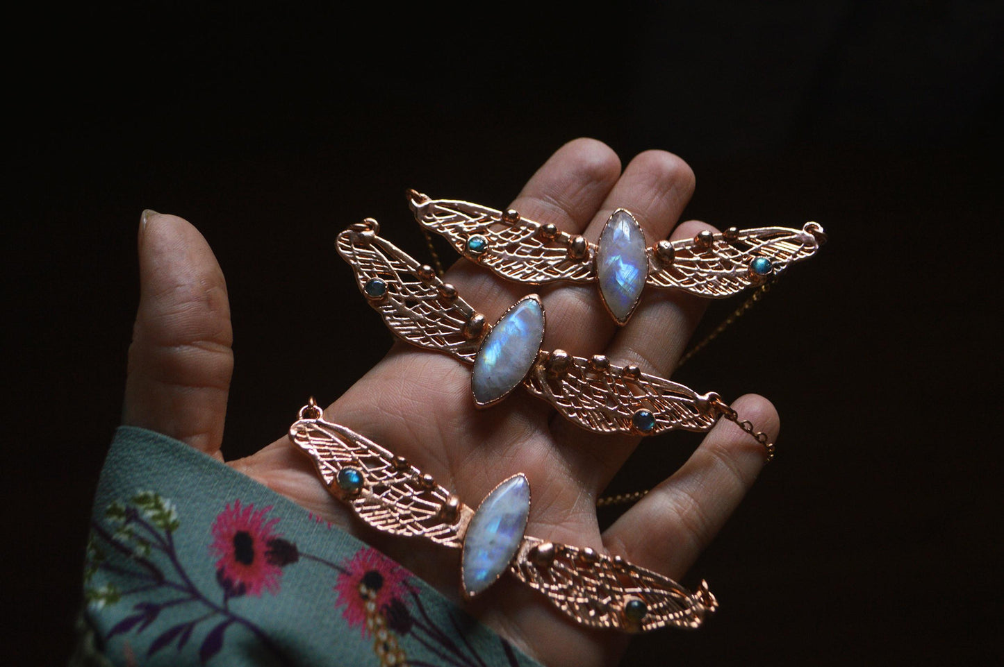 Rainbow moonstone dragonfly necklace, copper electroformed whimsical jewellery. Bright copper finish, faerie, pixie, valentine's gift