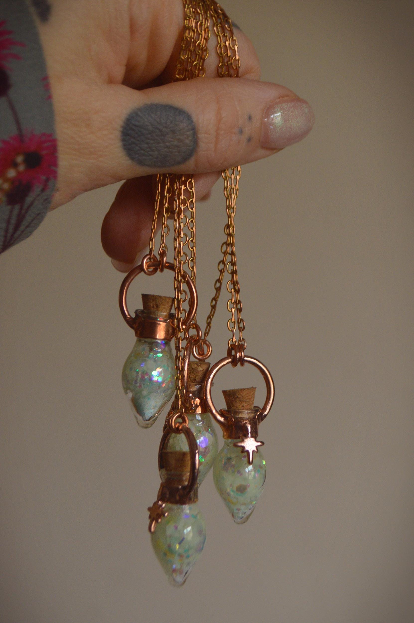 Magic potion vial, glow in the dark necklace. Copper witchy pendant