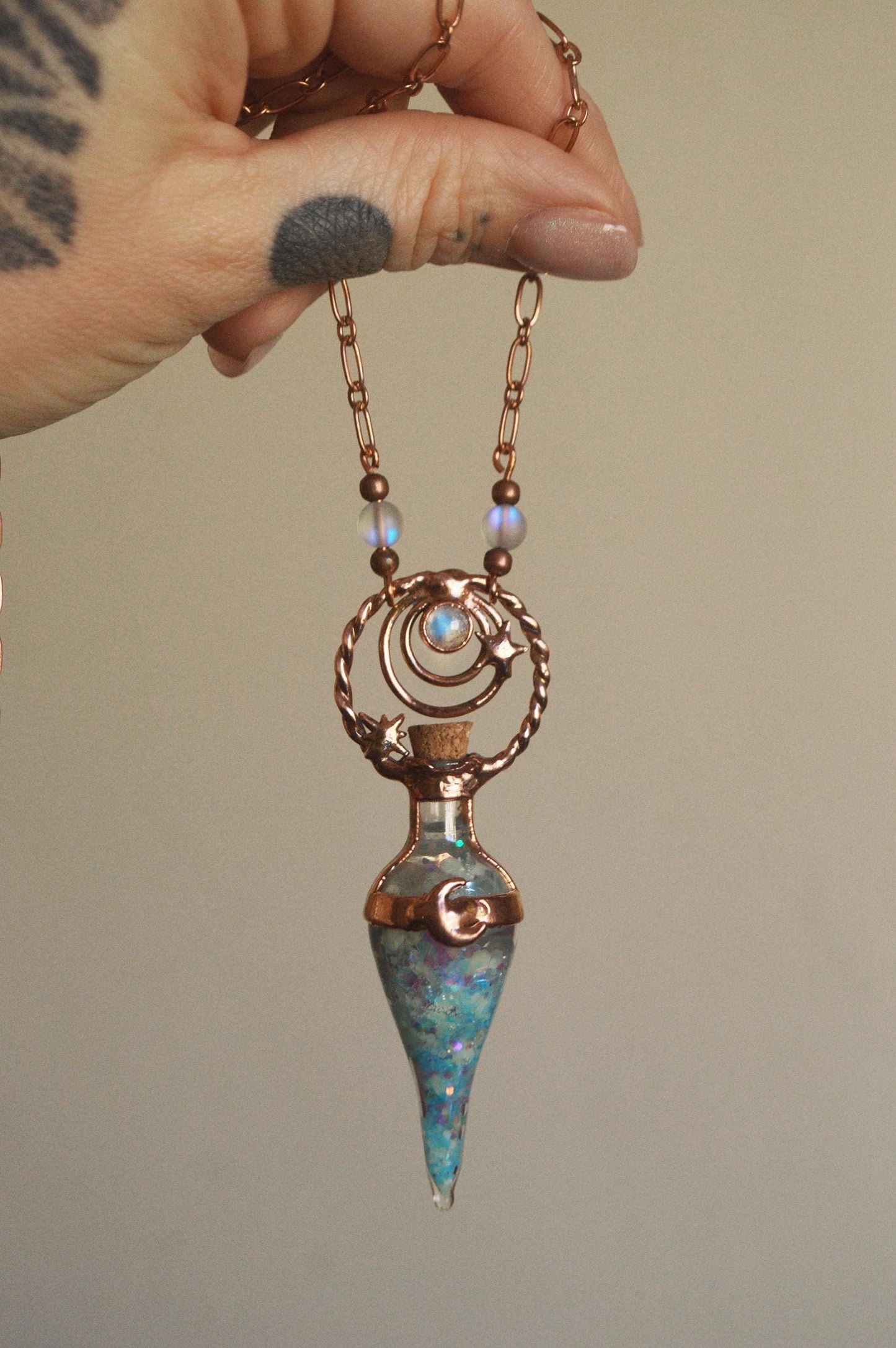 Glow in the dark, fairy dust vial necklace. Copper witchy pendant