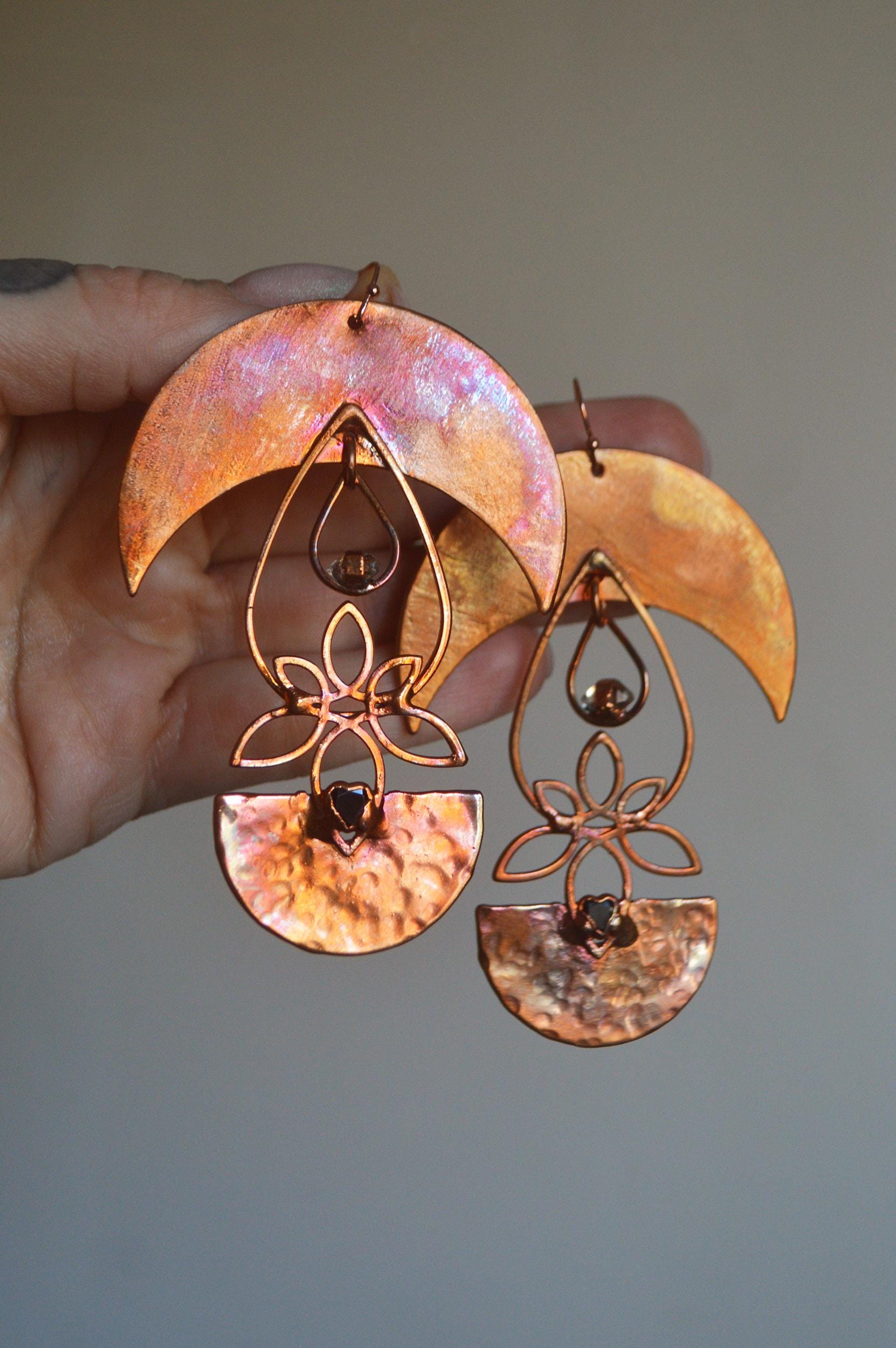 Statement flame painted crescent earrings with onyx and herkimer diamond