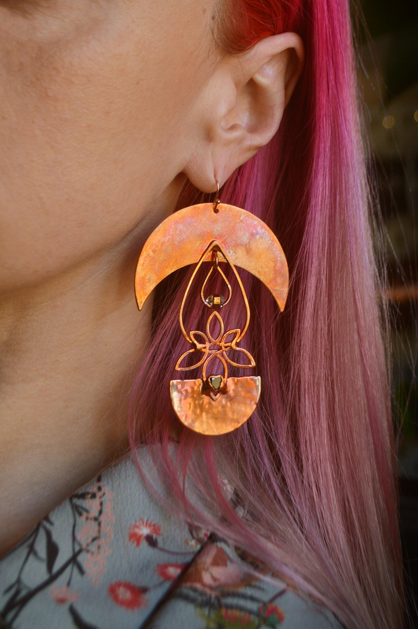 Statement flame painted crescent earrings with onyx and herkimer diamond