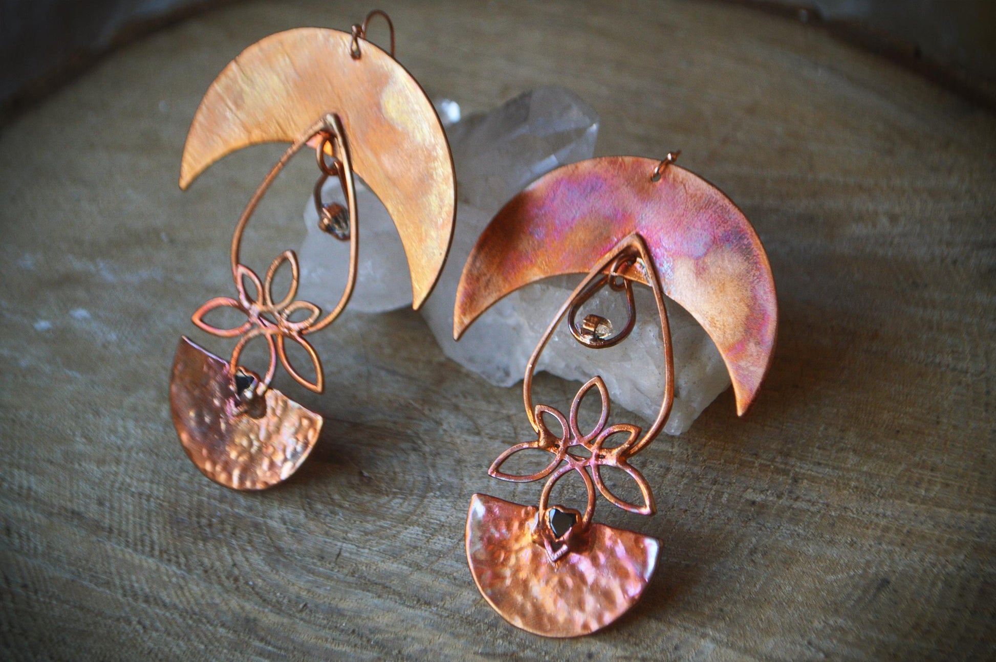 Statement flame painted crescent earrings with onyx and herkimer diamond