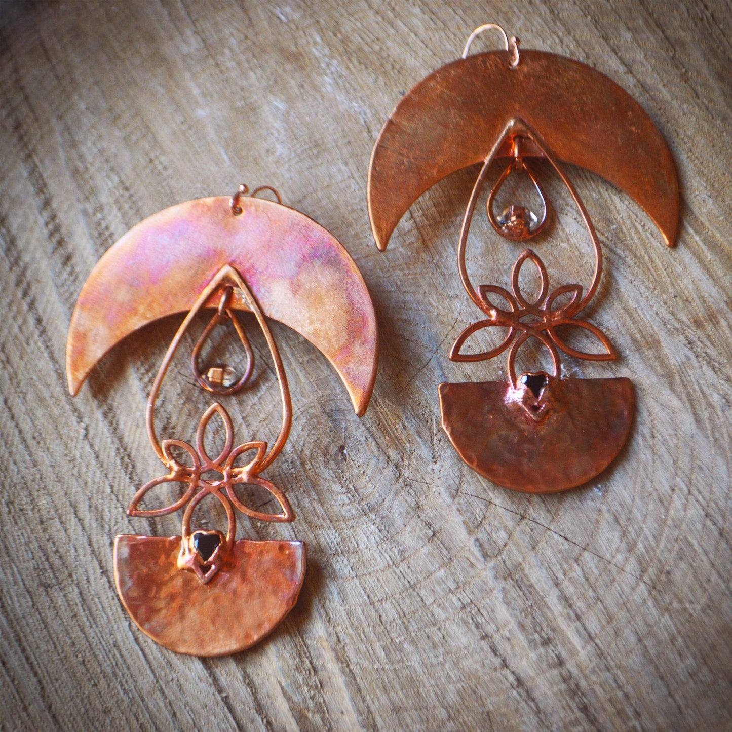 Statement flame painted crescent earrings with onyx and herkimer diamond