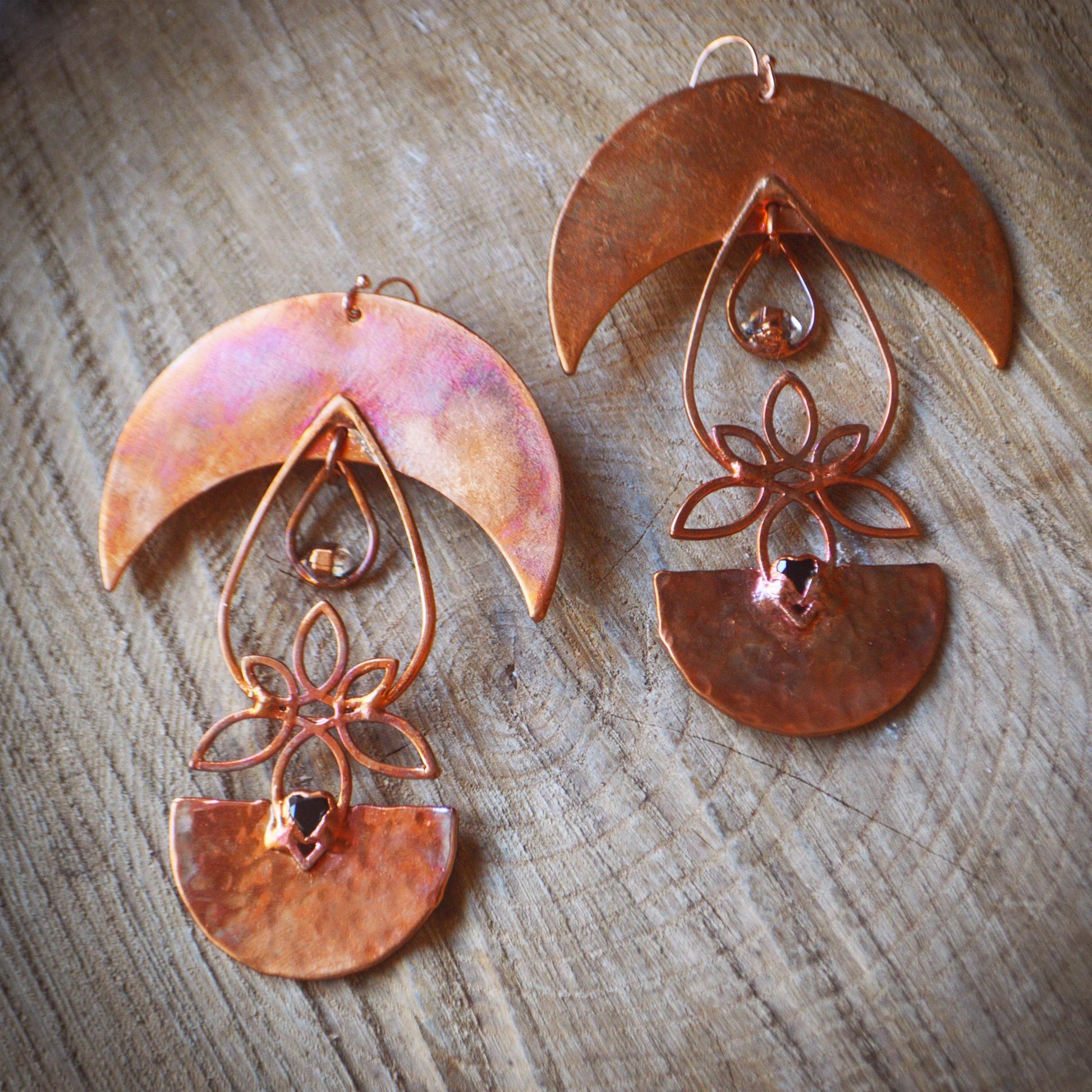 Statement flame painted crescent earrings with onyx and herkimer diamond