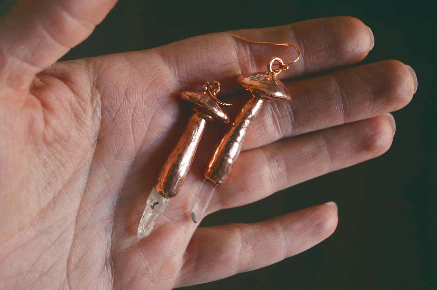 Whimsical mushroom earrings with quartz points. Electroformed cottage-core jewellery