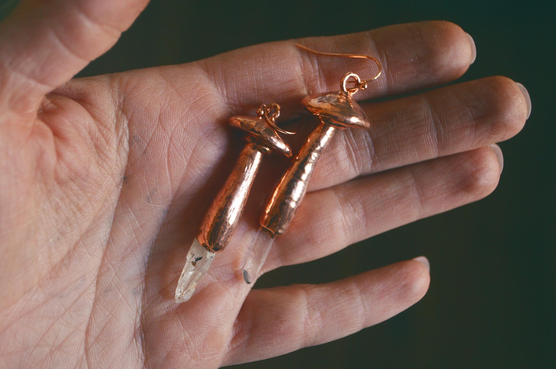 Whimsical mushroom earrings with quartz points. Electroformed cottage-core jewellery