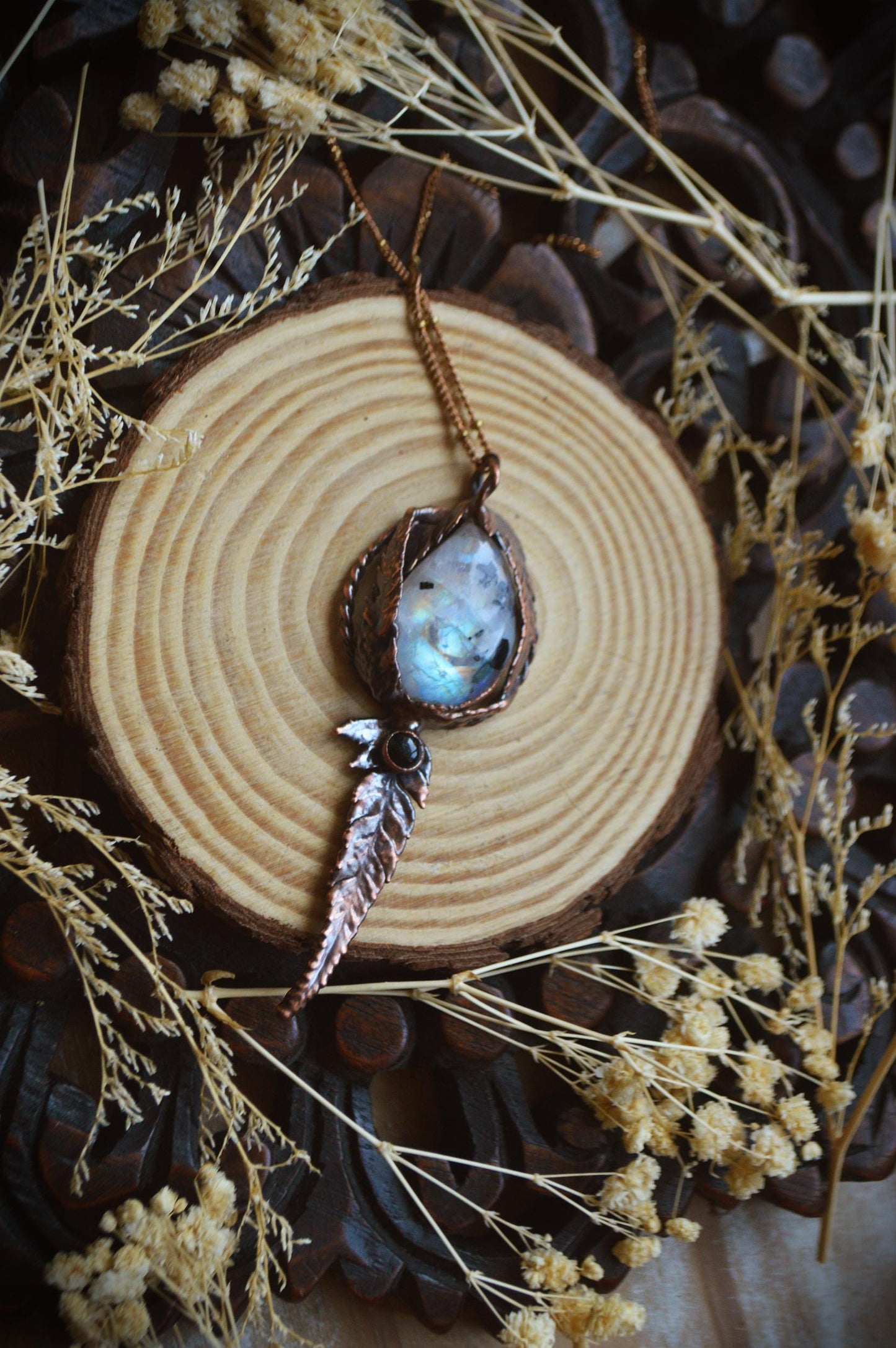 One of a kind moonstone pendant with real copper formed ferns. Botanical, boho necklace