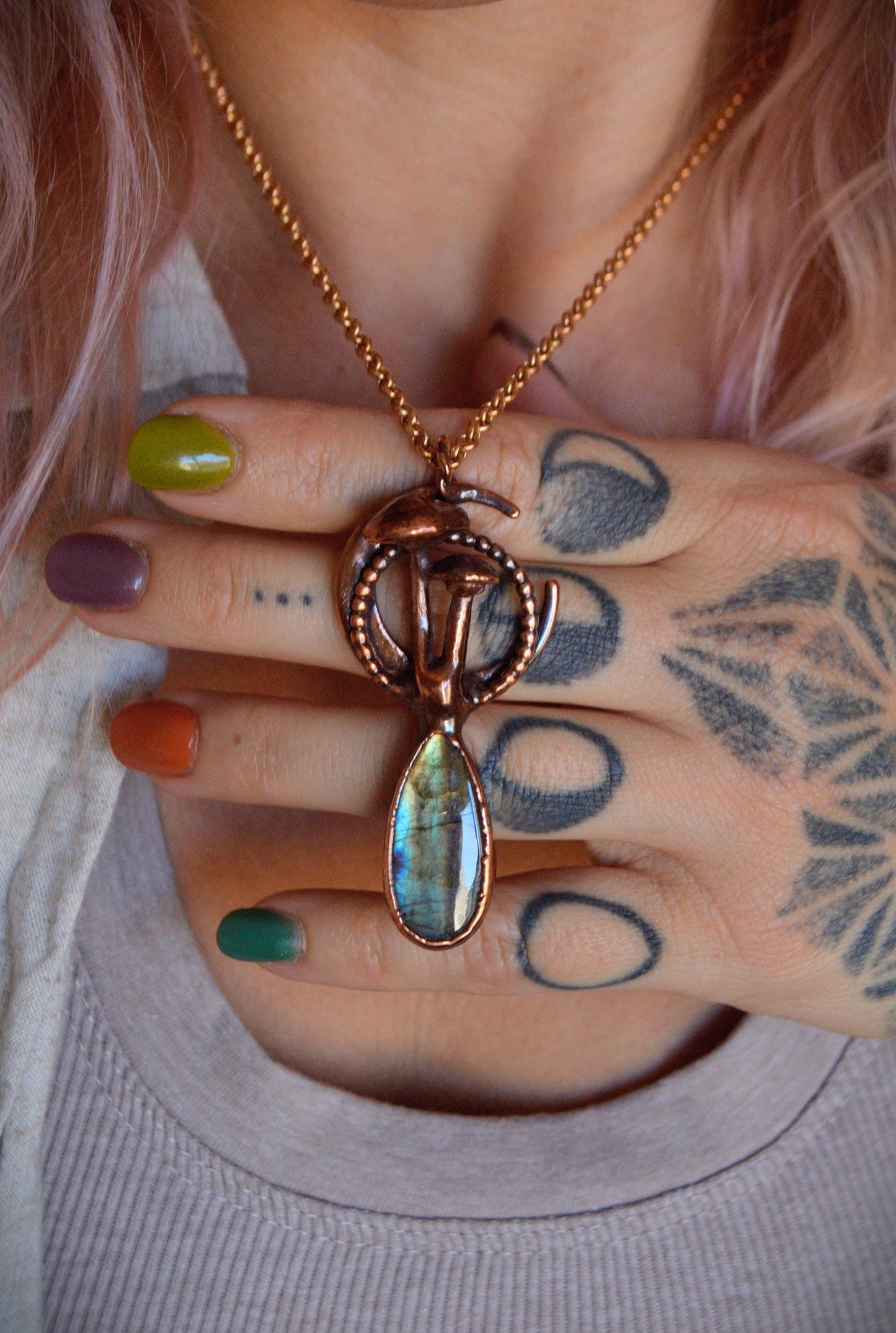 Unique piece, mushroom and moon necklace with rainbow labradorite. Cottage core whimsy jewelry