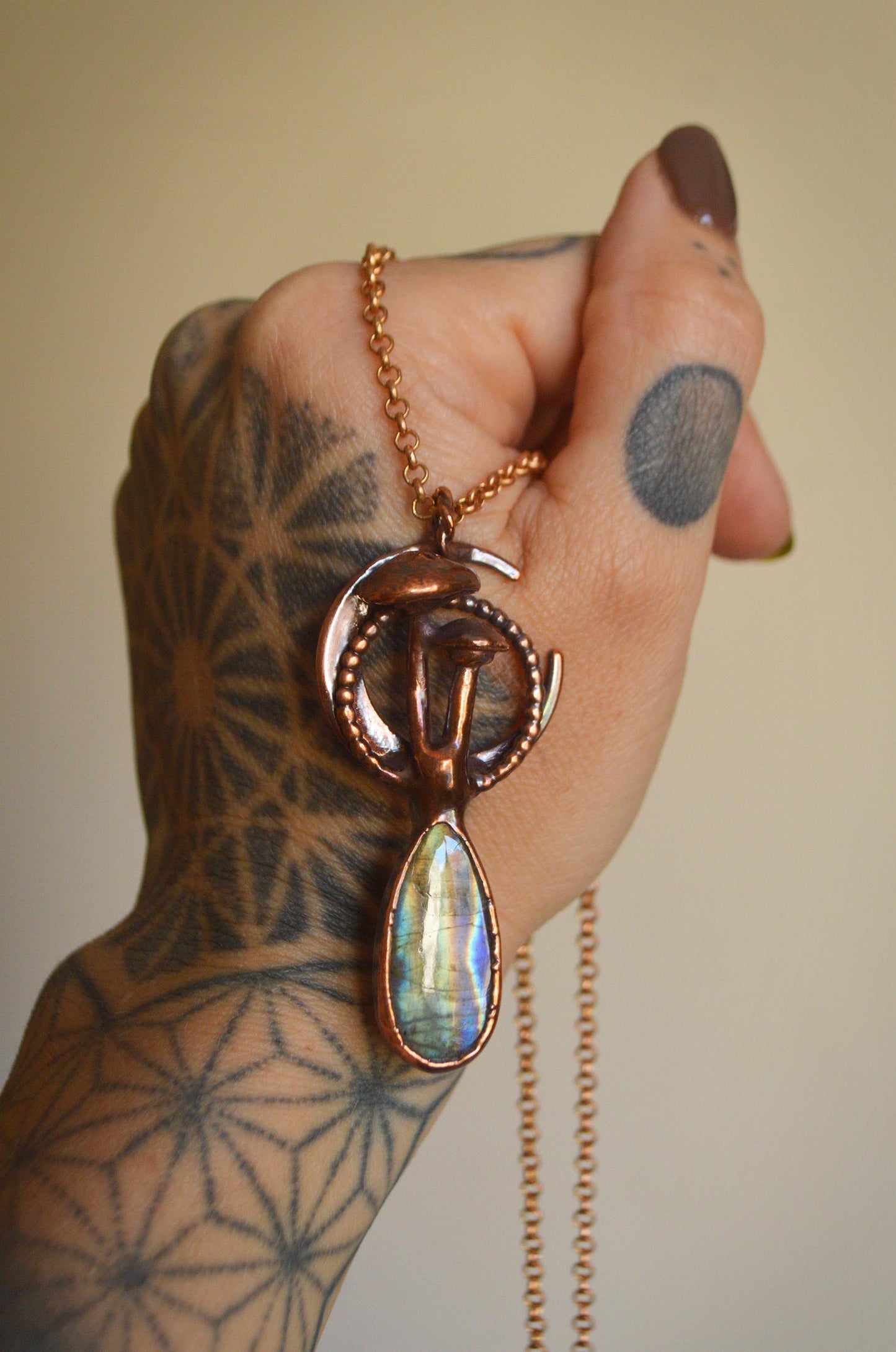 Unique piece, mushroom and moon necklace with rainbow labradorite. Cottage core whimsy jewelry
