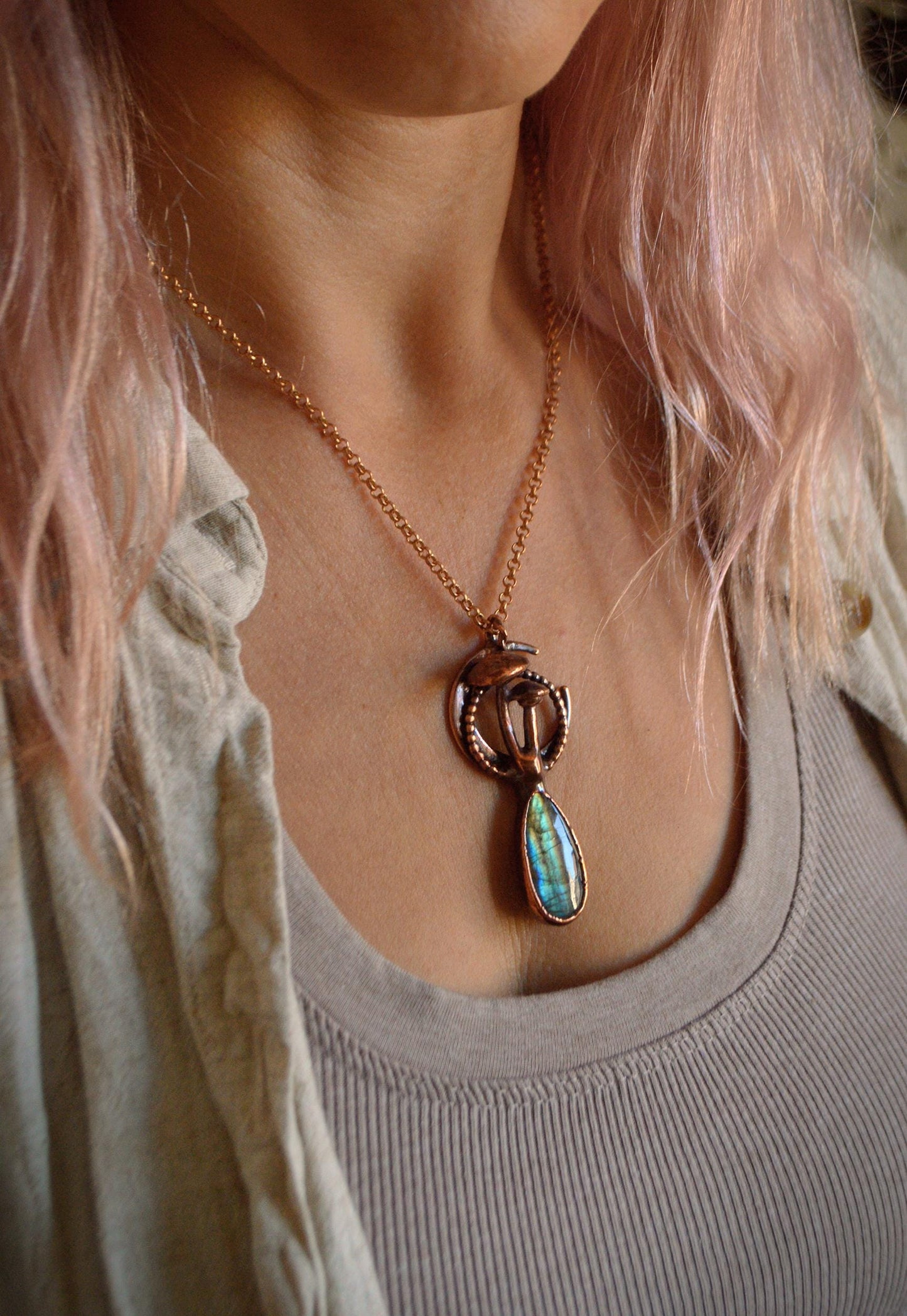Unique piece, mushroom and moon necklace with rainbow labradorite. Cottage core whimsy jewelry