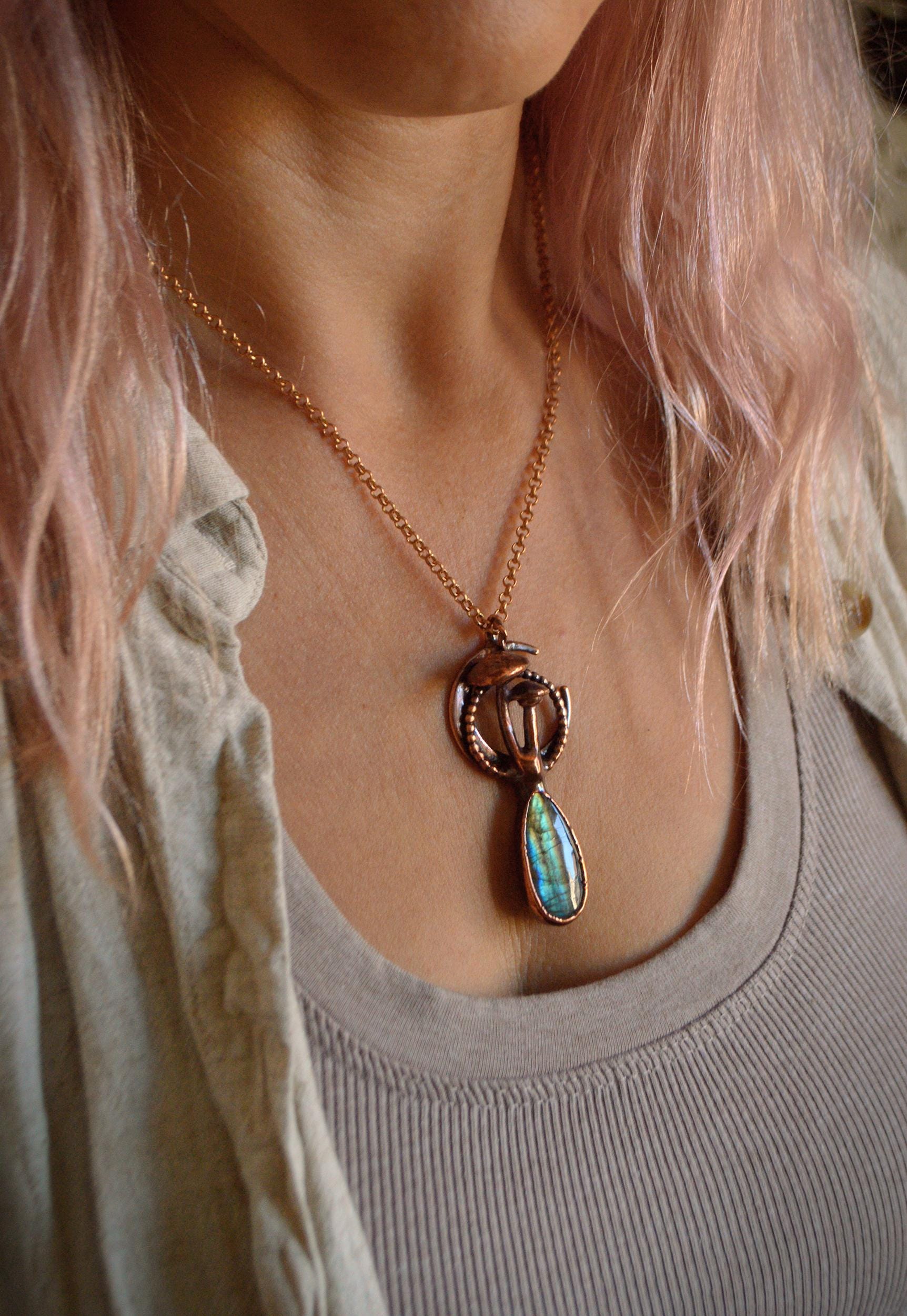 Unique piece, mushroom and moon necklace with rainbow labradorite. Cottage core whimsy jewelry