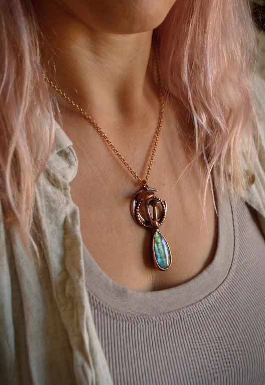 Unique piece, mushroom and moon necklace with rainbow labradorite. Cottage core whimsy jewelry