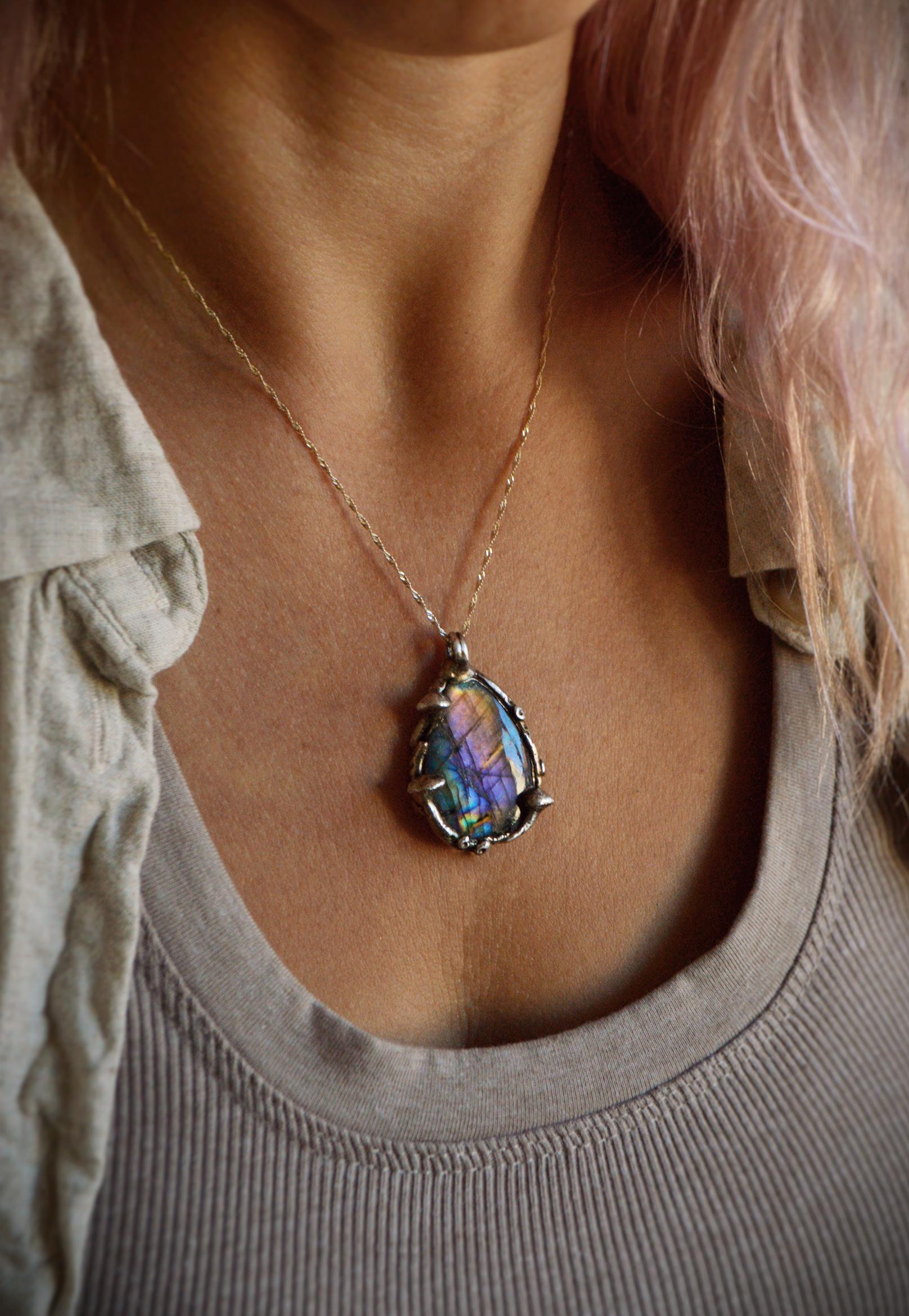 Silver mushroom pendant with stunning rainbow labradorite, enchanted woodland necklace