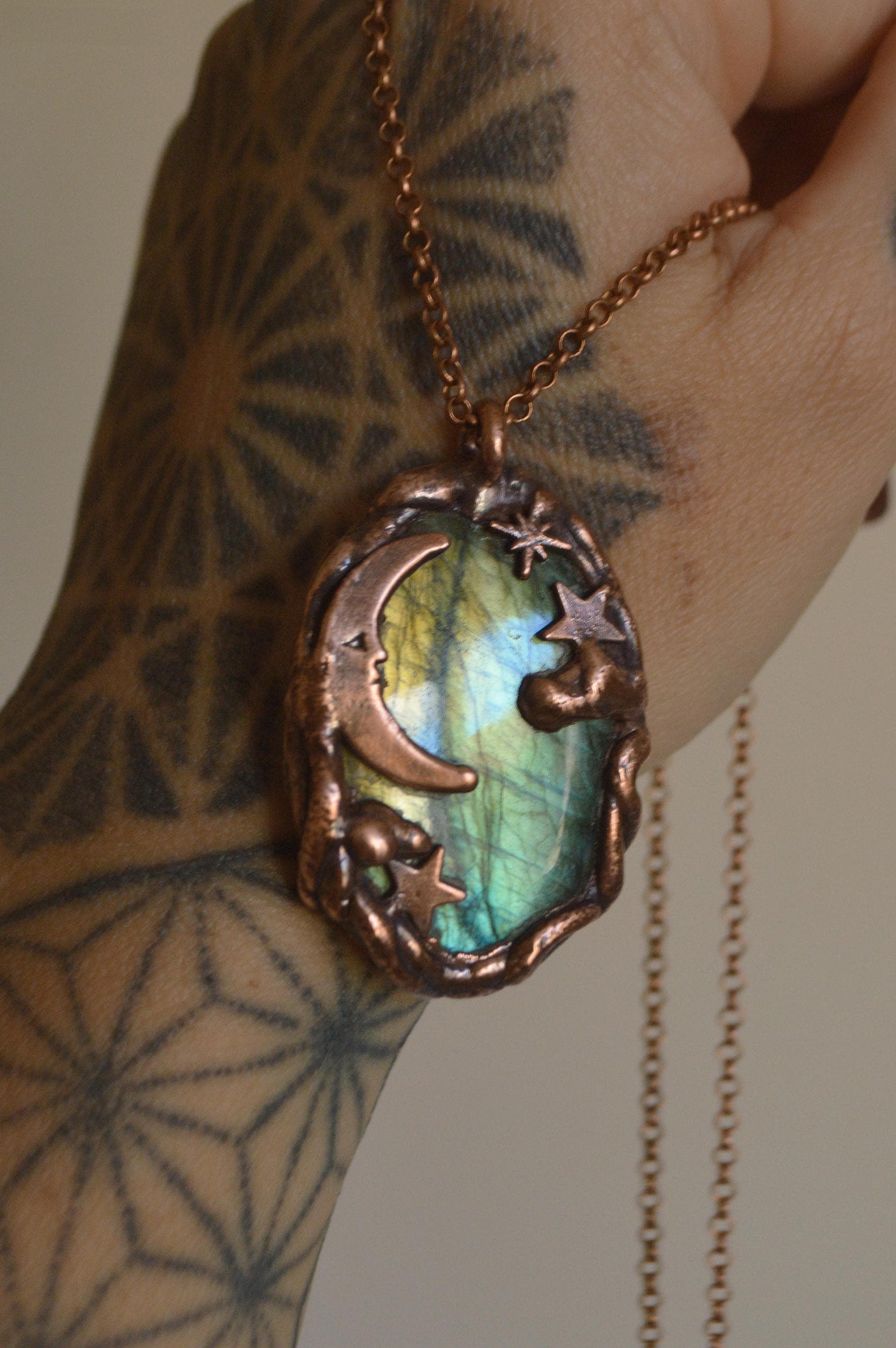 Celestial labradorite pendant. Star, moon and clouds necklace. Whimsical jewellery