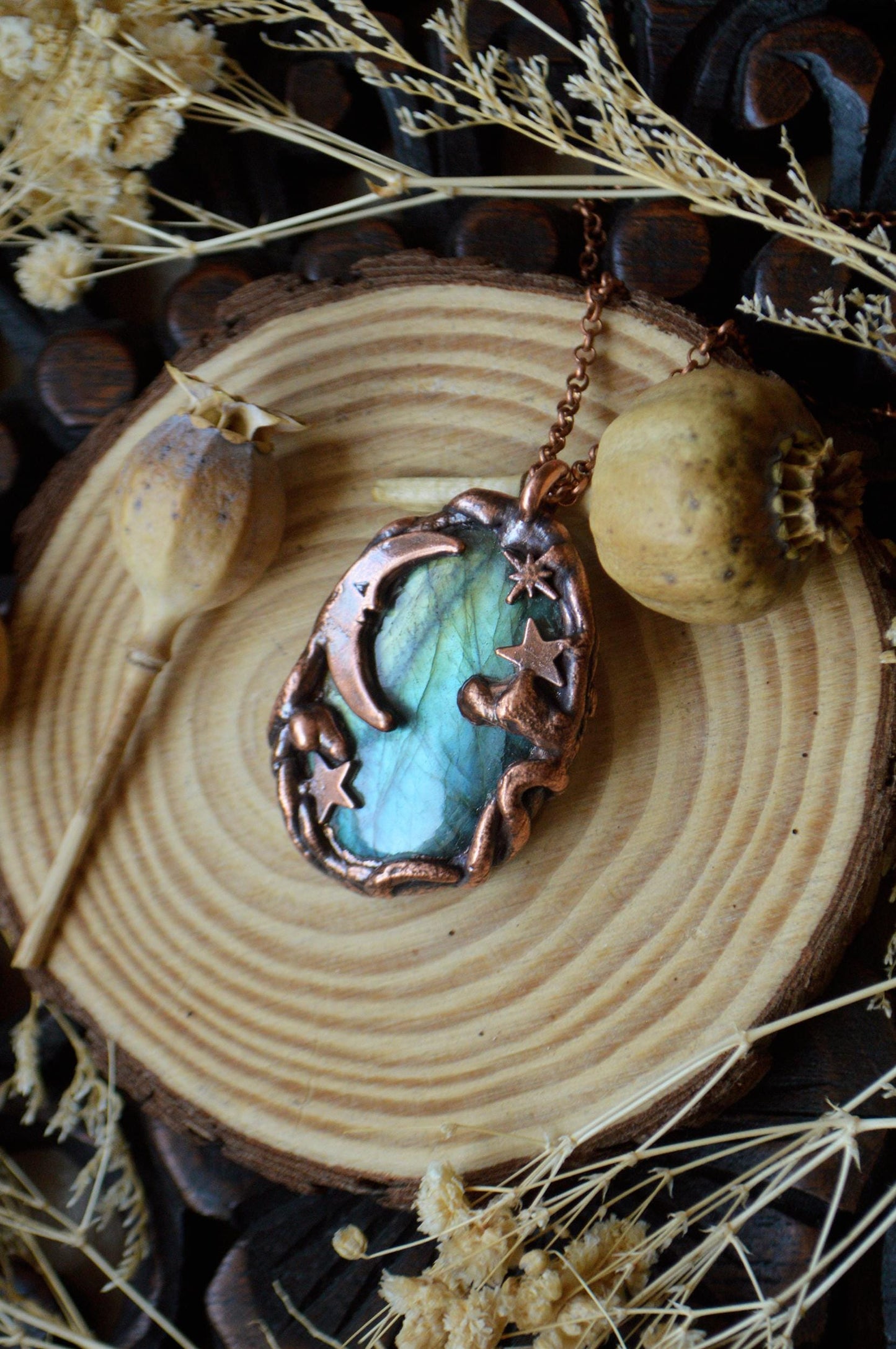 Celestial labradorite pendant. Star, moon and clouds necklace. Whimsical jewellery