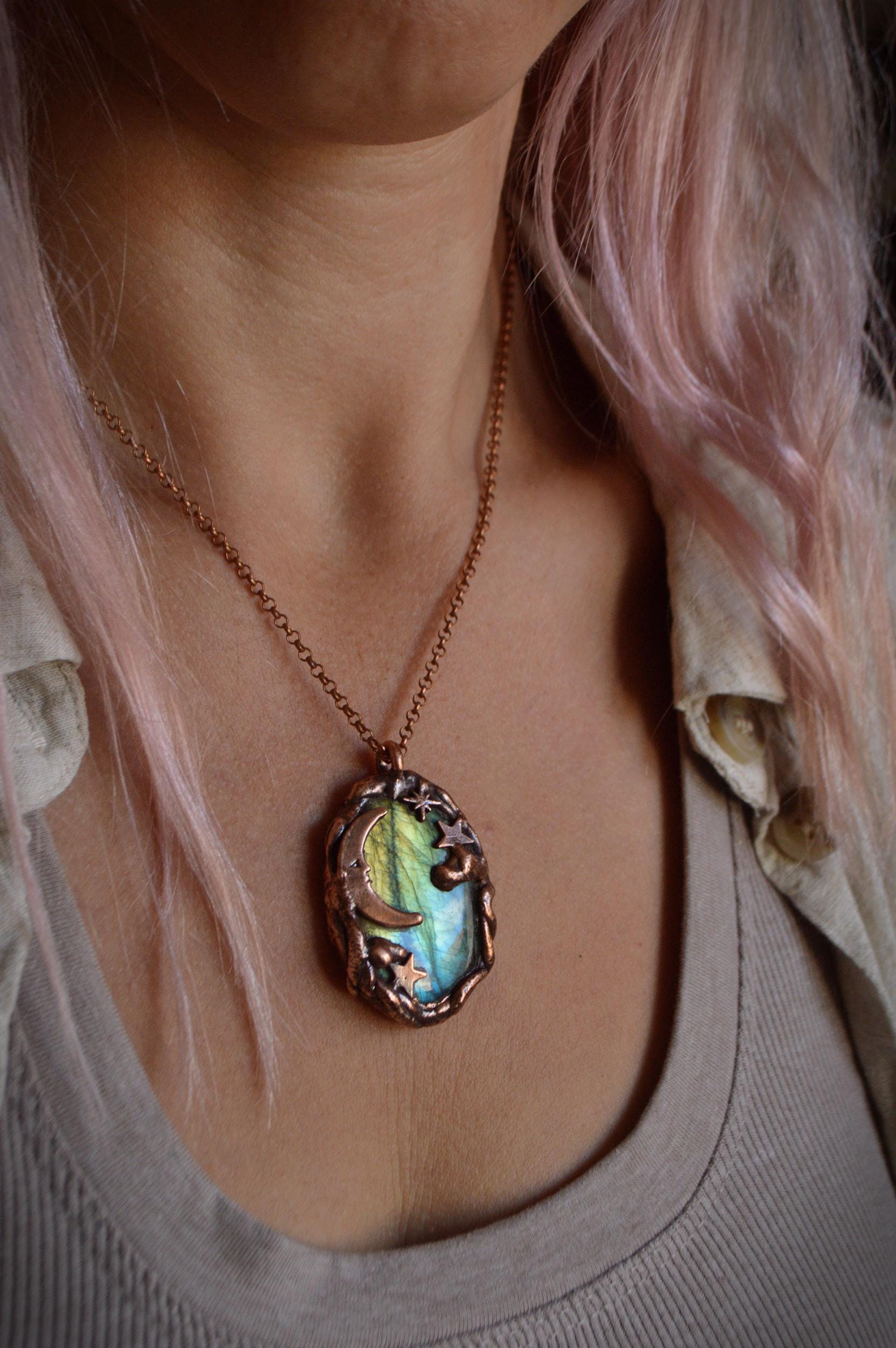 Celestial labradorite pendant. Star, moon and clouds necklace. Whimsical jewellery