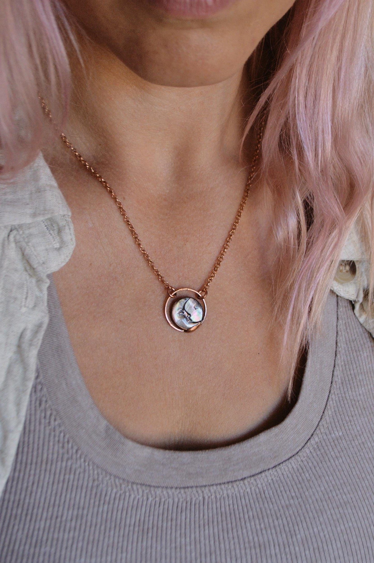 Moon and star carved shell pendant. Lucky charm, coin necklace