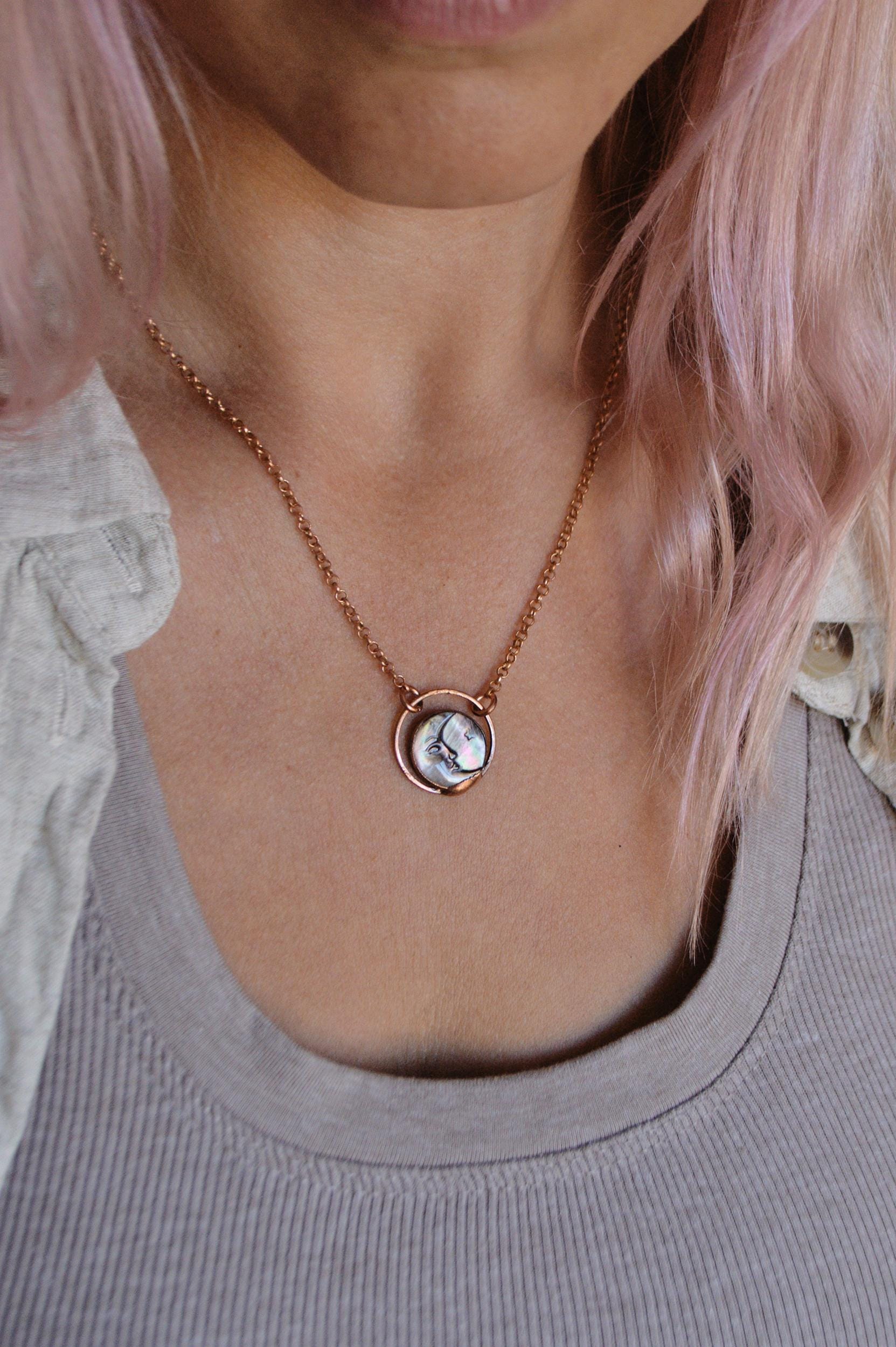 Moon and star carved shell pendant. Lucky charm, coin necklace