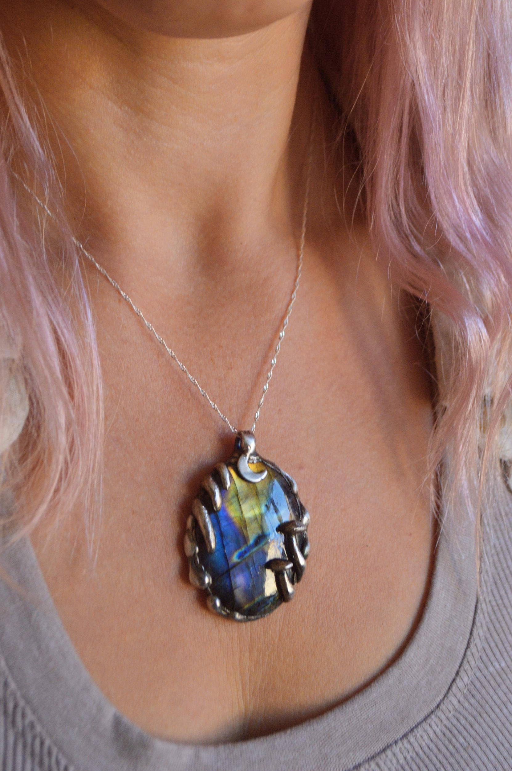 Whimsical silver pendant with rainbow labradorite, enchanted woodland mushroom necklace