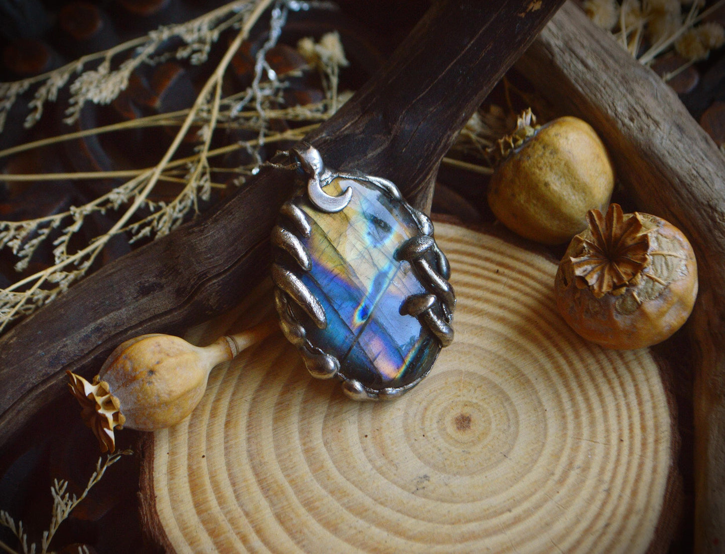 Whimsical silver pendant with rainbow labradorite, enchanted woodland mushroom necklace