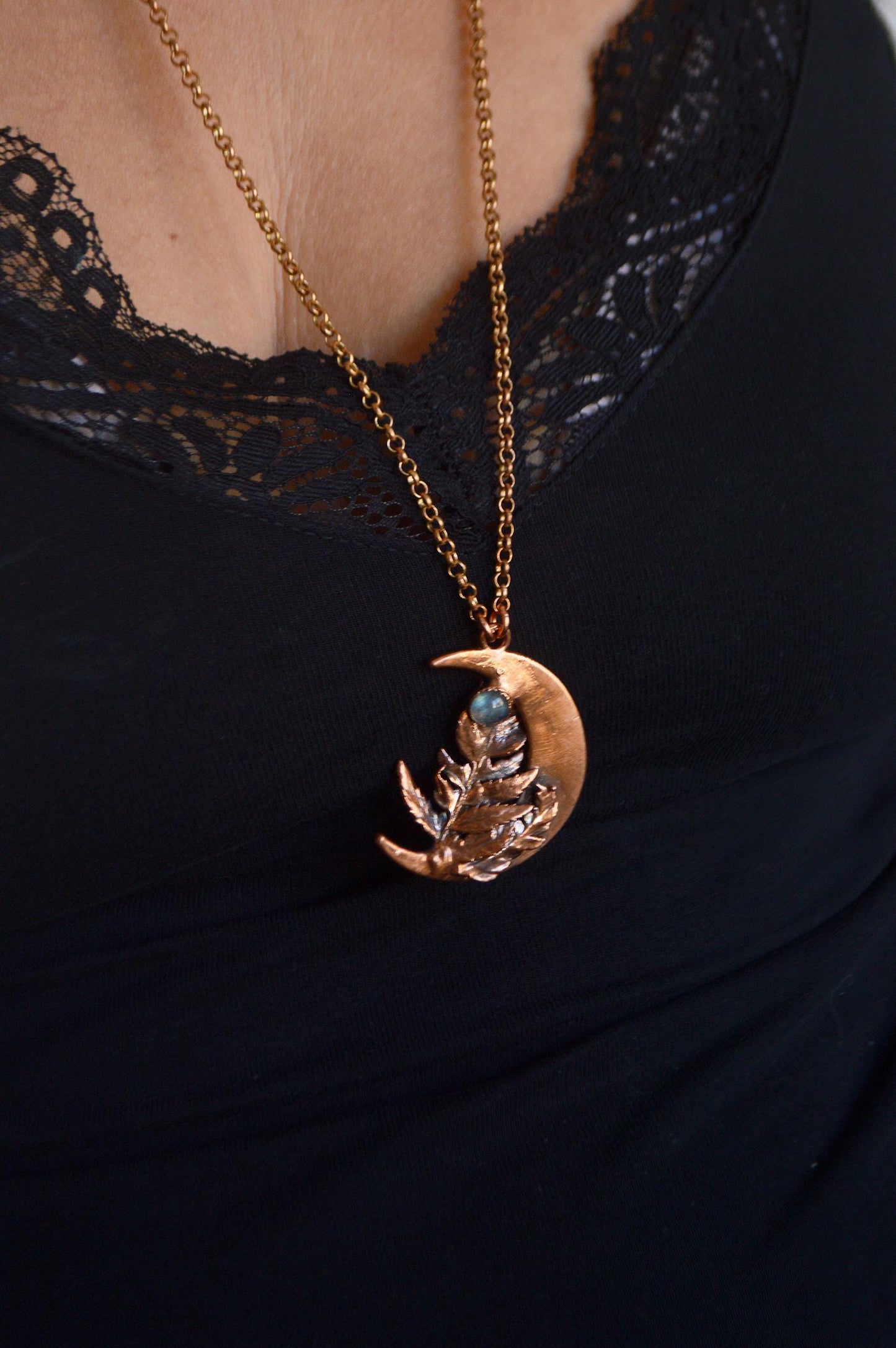Real fern leaf necklace with raw quartz and moonstone, dreamy jewellery