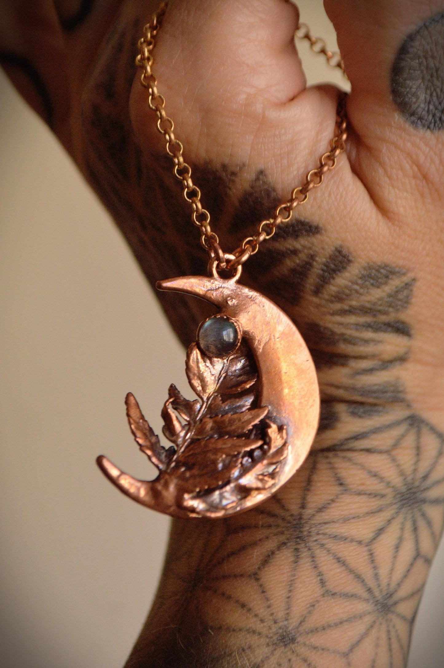 Real fern leaf necklace with raw quartz and moonstone, dreamy jewellery