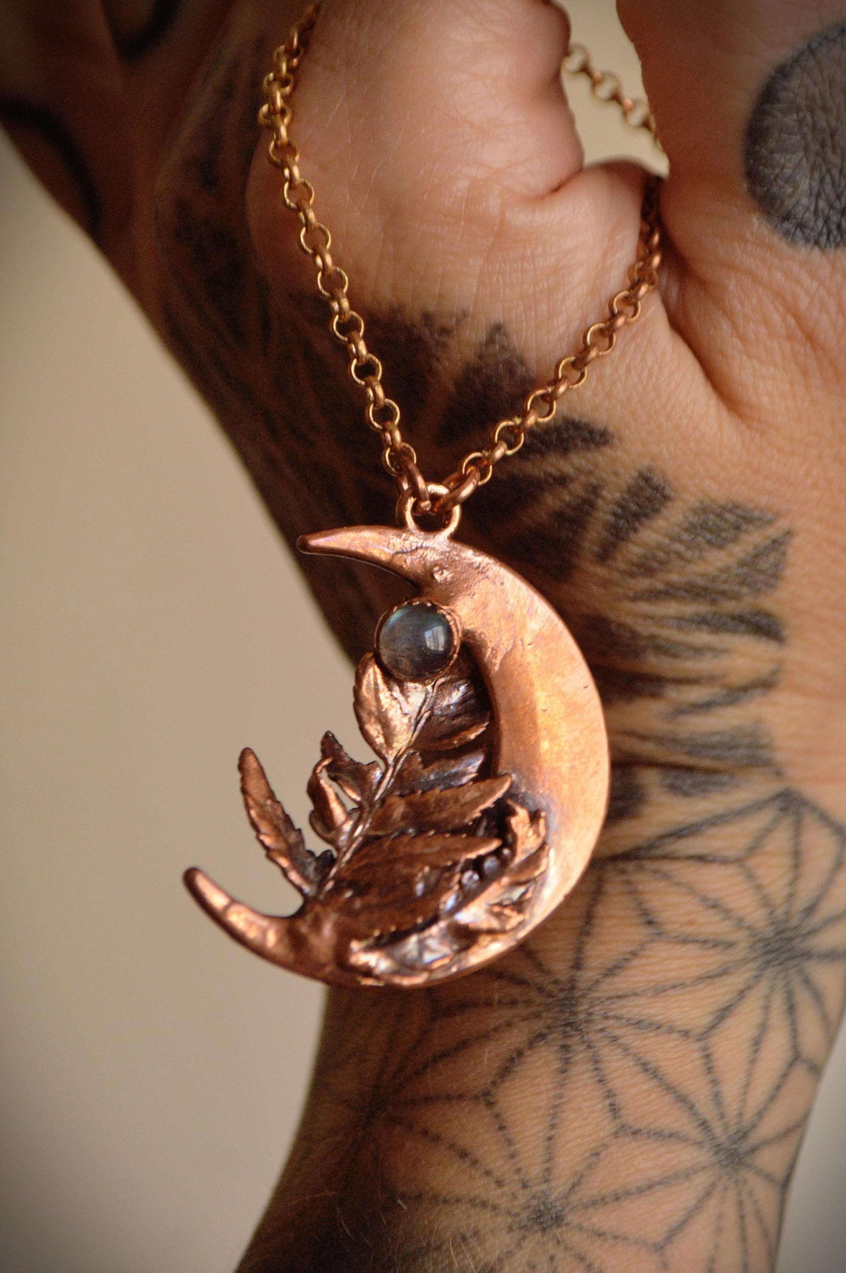 Real fern leaf necklace with raw quartz and moonstone, dreamy jewellery