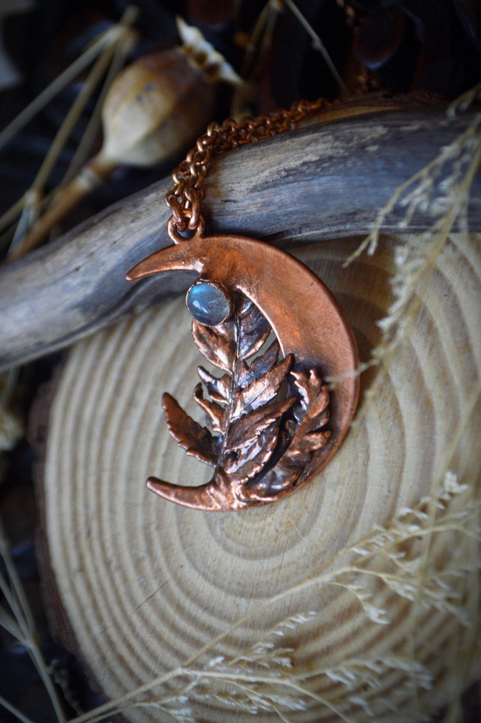 Real fern leaf necklace with raw quartz and moonstone, dreamy jewellery