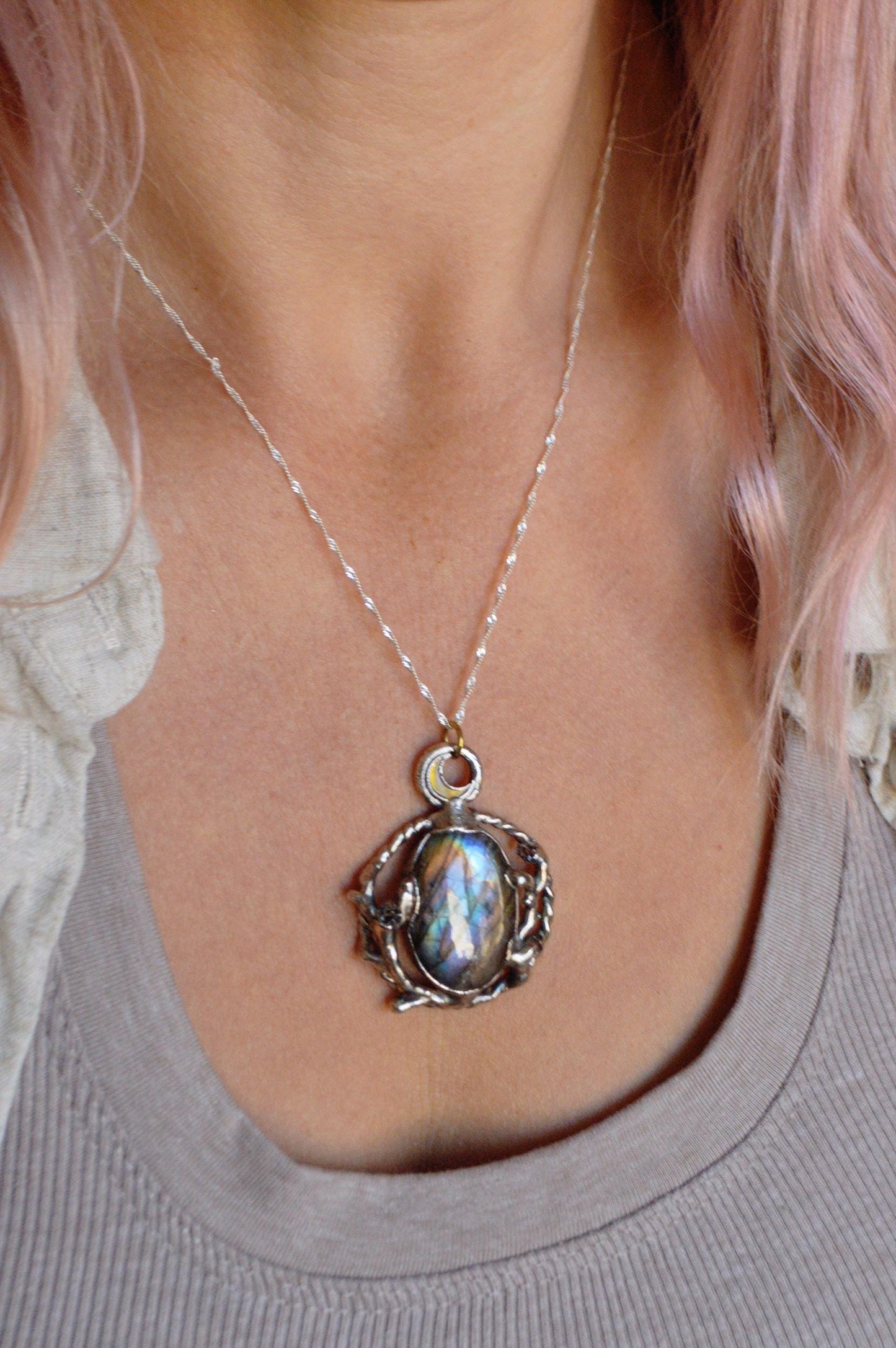 Enchanded forest pendant with rainbow labradorite and herkimer diamonds