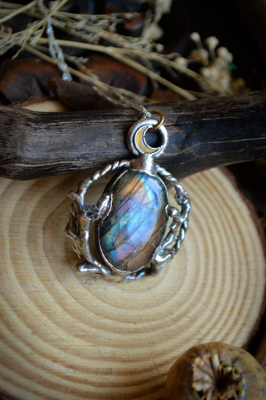 Enchanded forest pendant with rainbow labradorite and herkimer diamonds