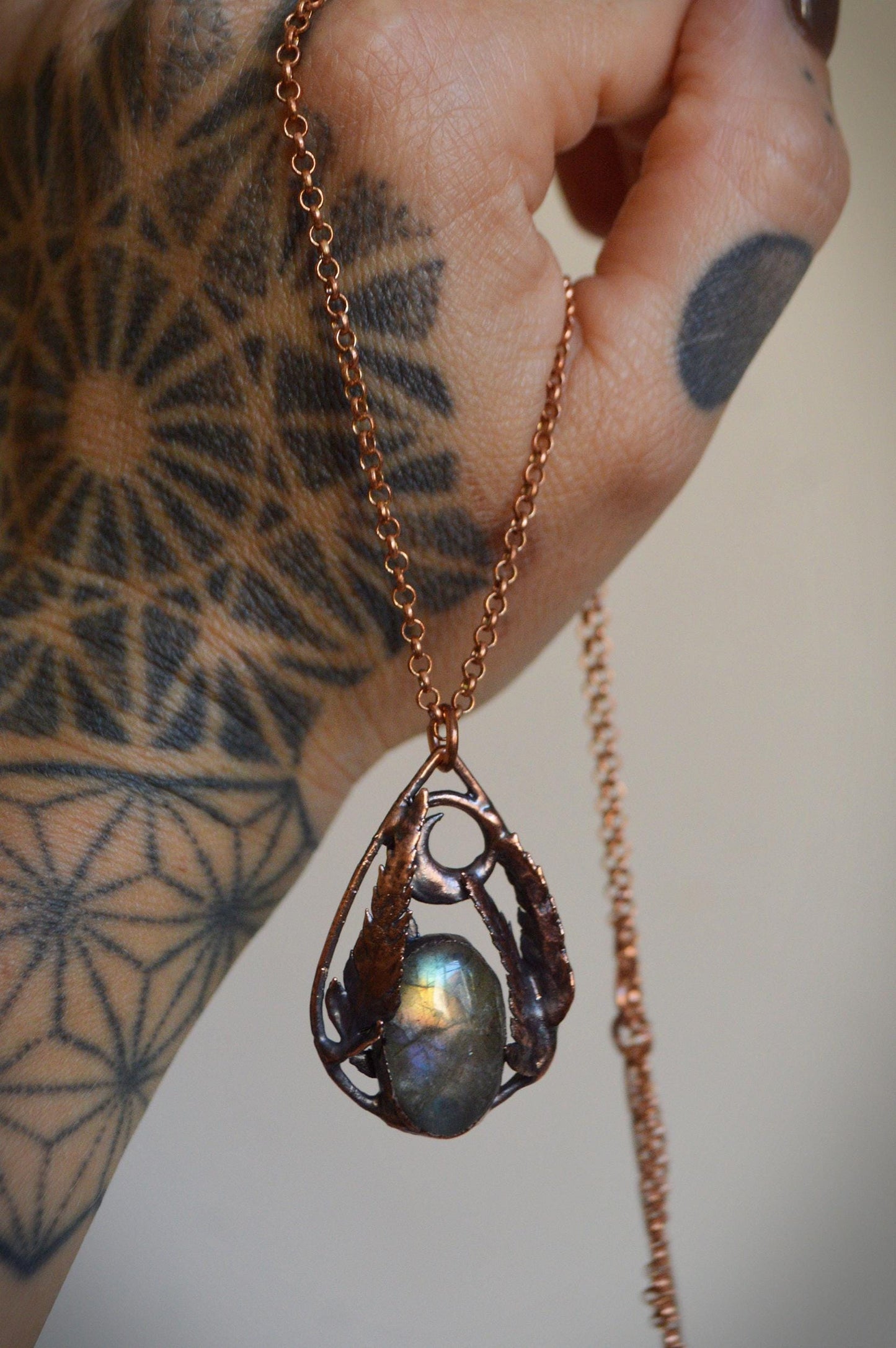 Drop pendant with real fern leaves, necklace with labradorite, dreamy jewellery