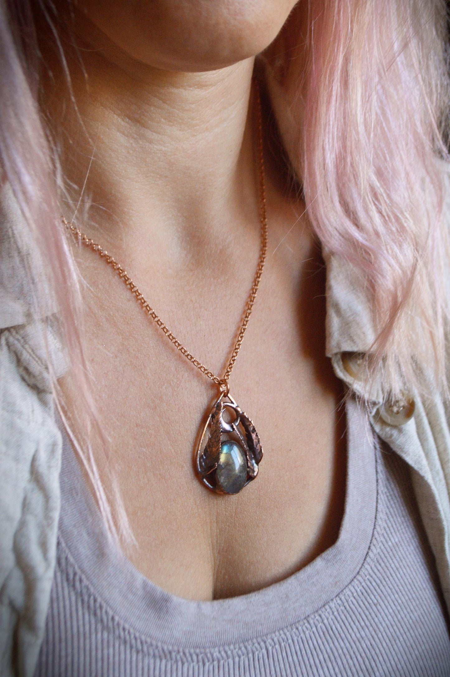 Drop pendant with real fern leaves, necklace with labradorite, dreamy jewellery
