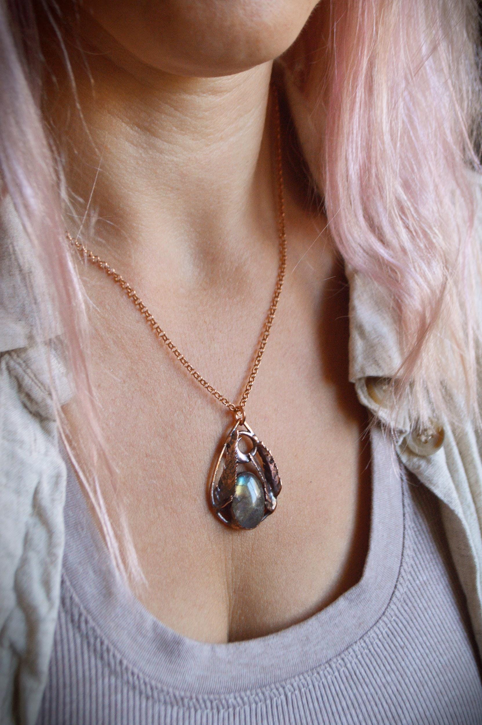 Drop pendant with real fern leaves, necklace with labradorite, dreamy jewellery