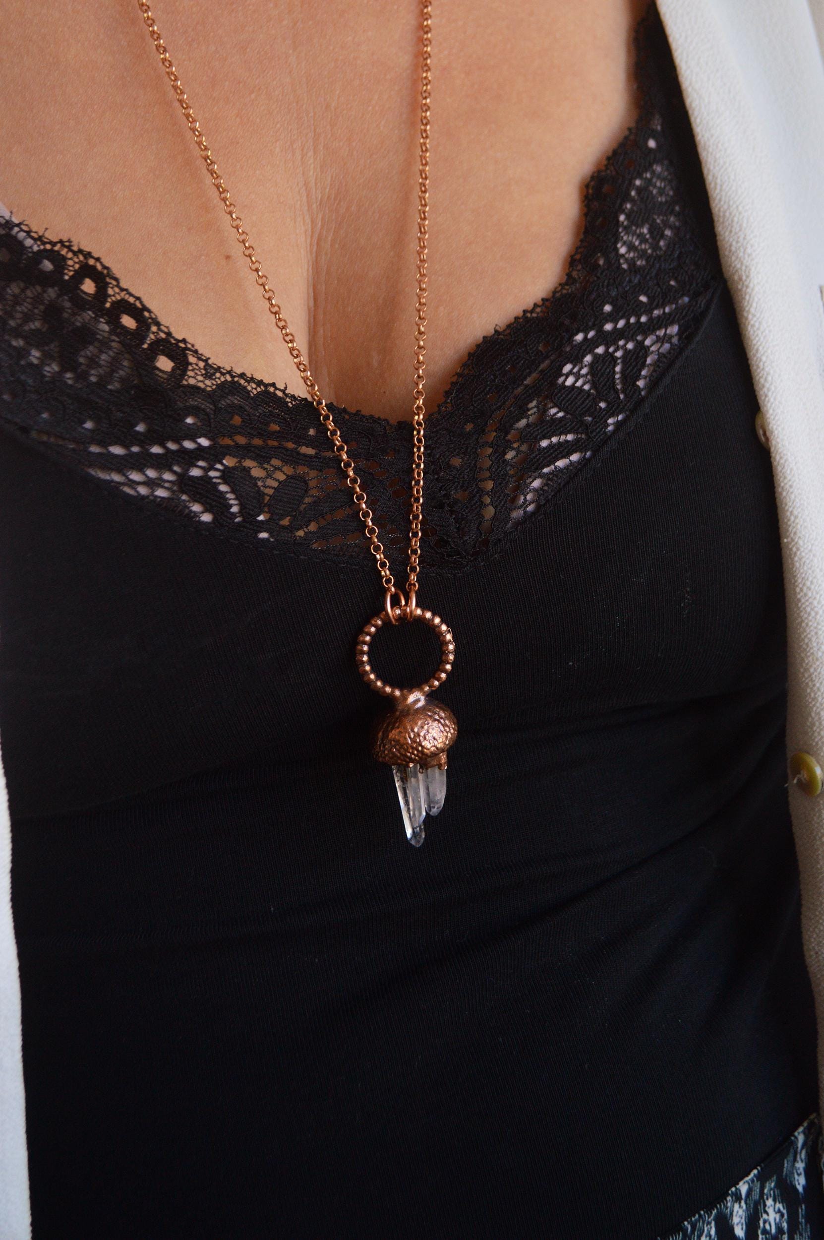 Real acorn necklace with quartz points. Electroformed botanical jewellery