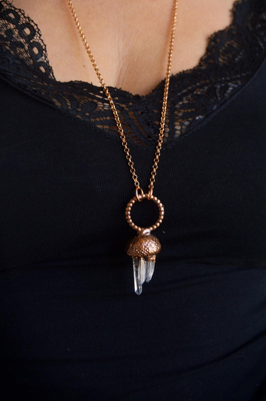 Real acorn necklace with quartz points. Electroformed botanical jewellery