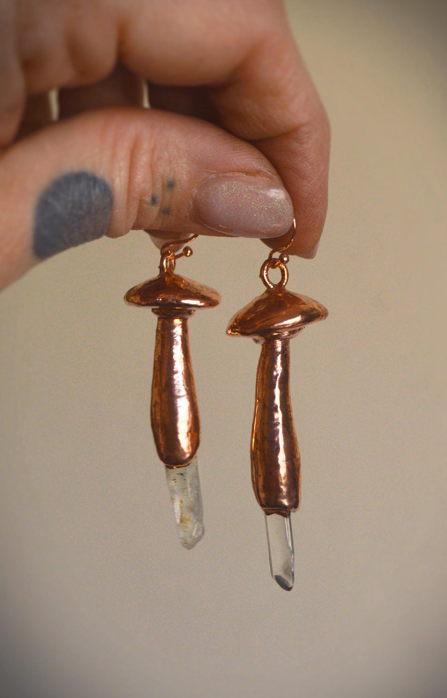 Whimsical mushroom earrings with quartz points. Electroformed cottage-core jewellery