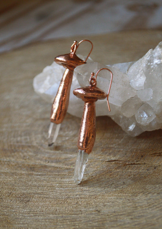 Whimsical mushroom earrings with quartz points. Electroformed cottage-core jewellery