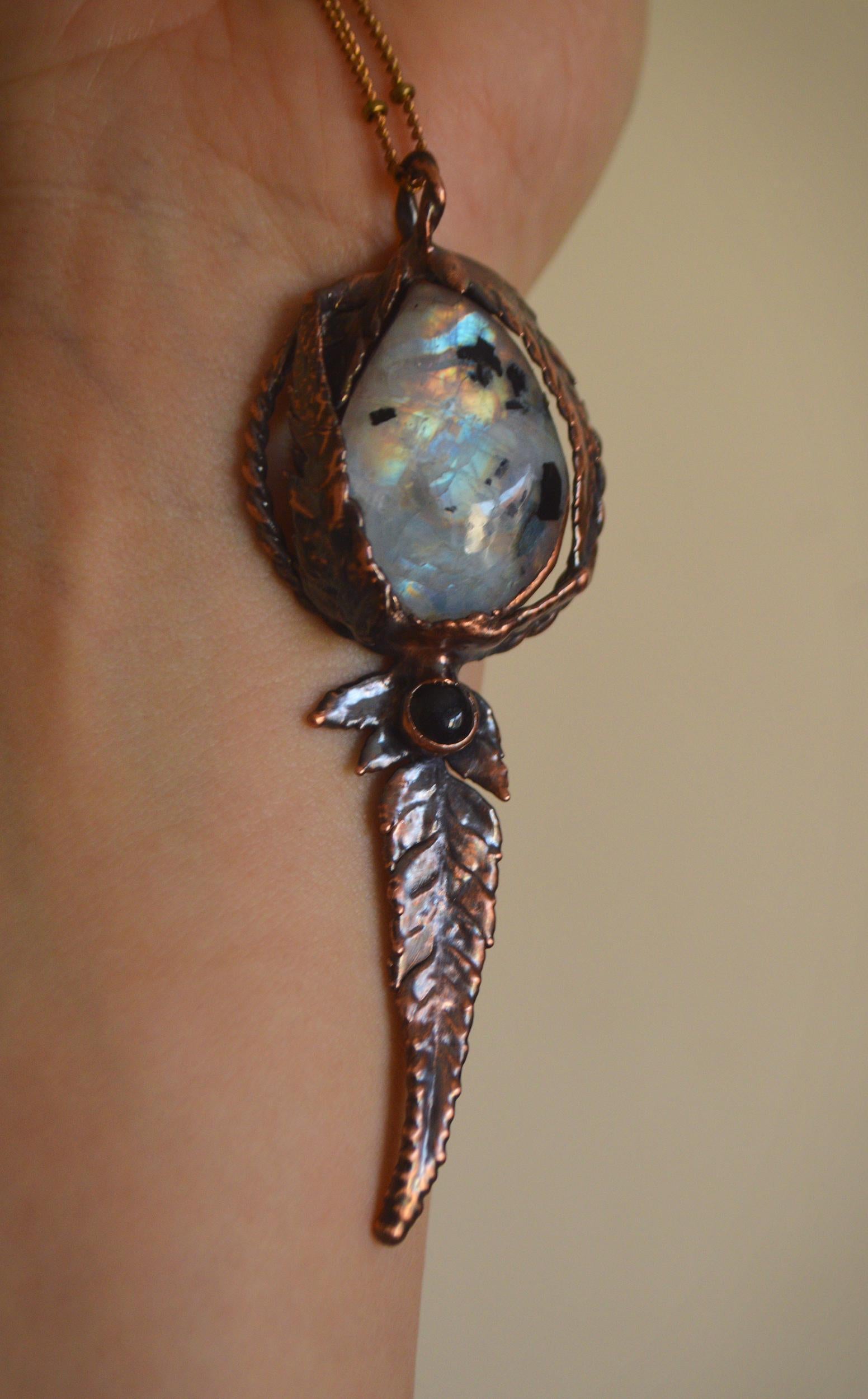 One of a kind moonstone pendant with real copper formed ferns. Botanical, boho necklace