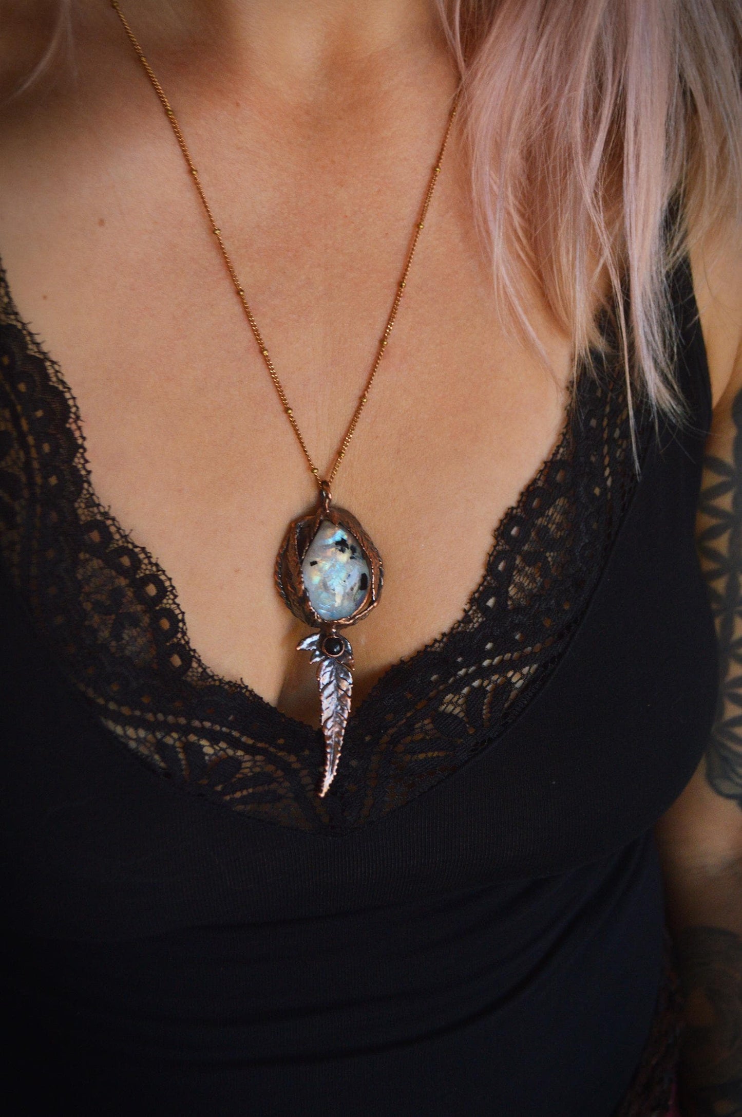 One of a kind moonstone pendant with real copper formed ferns. Botanical, boho necklace