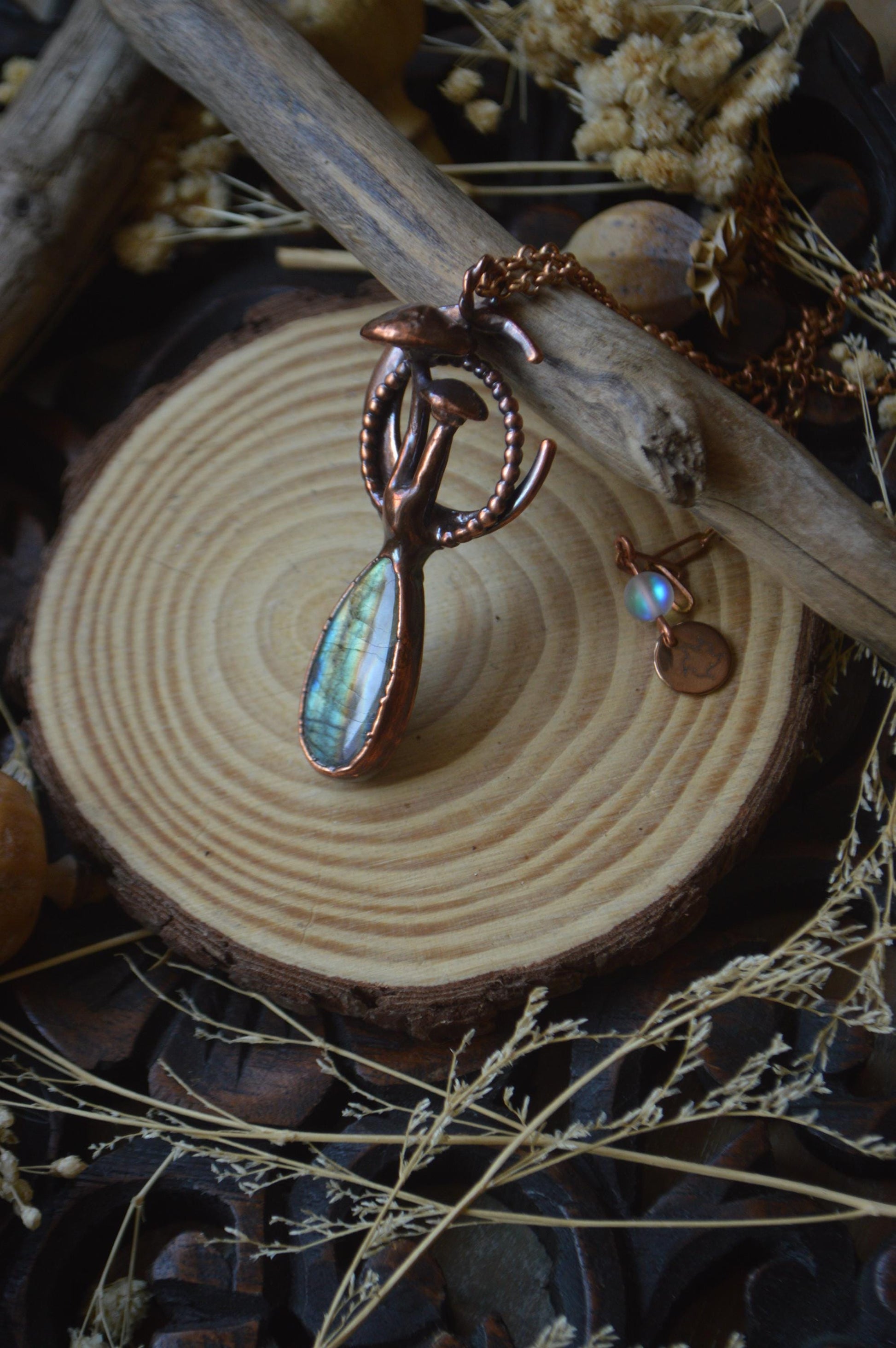 Unique piece, mushroom and moon necklace with rainbow labradorite. Cottage core whimsy jewelry