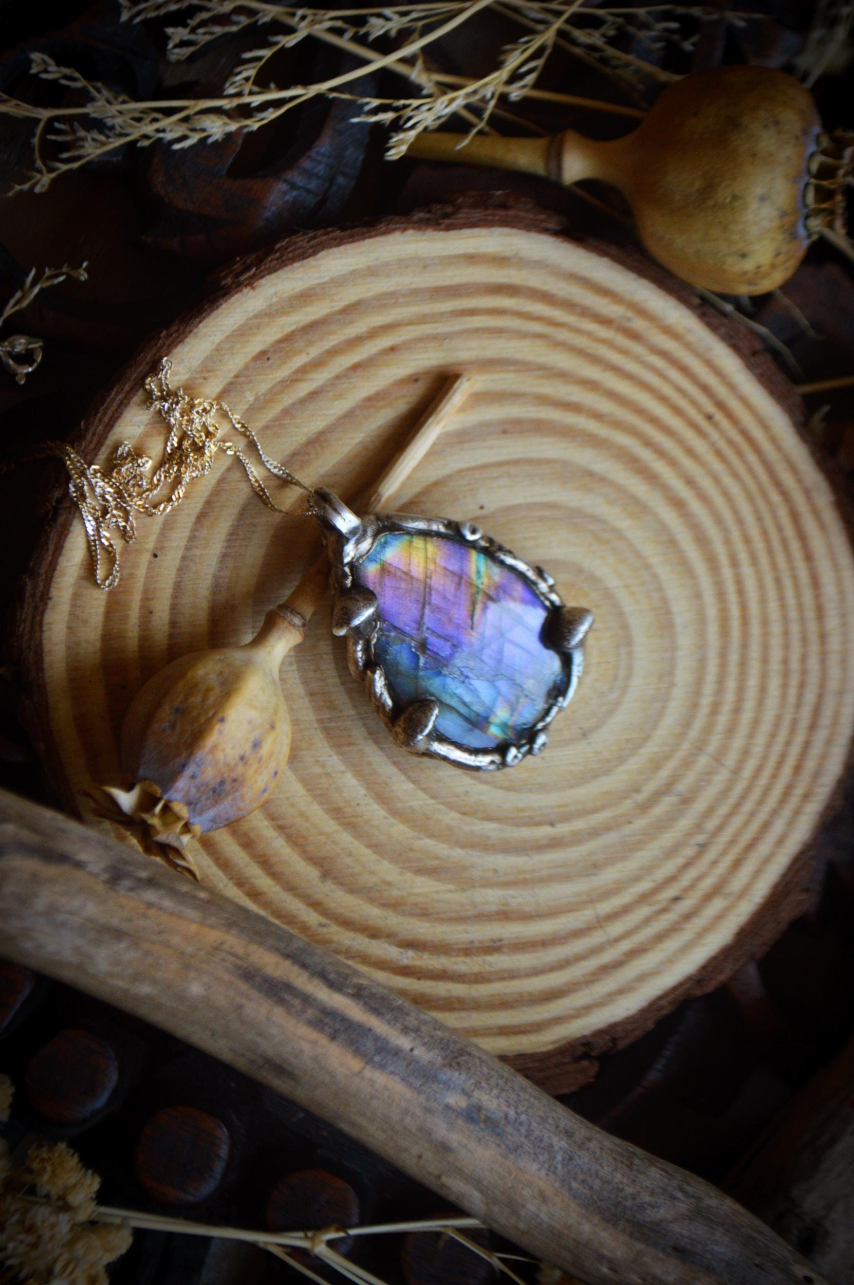 Silver mushroom pendant with stunning rainbow labradorite, enchanted woodland necklace