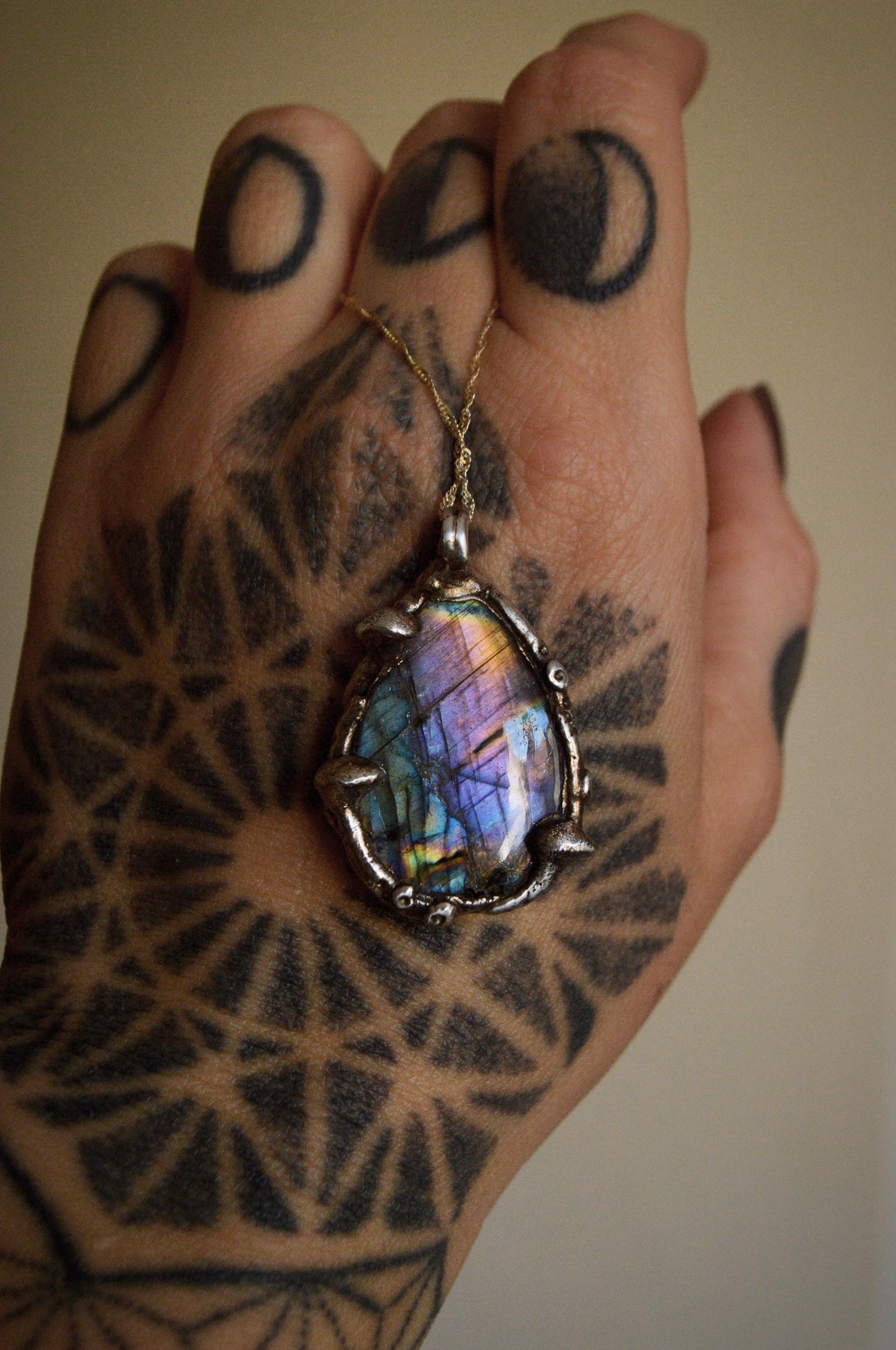 Silver mushroom pendant with stunning rainbow labradorite, enchanted woodland necklace