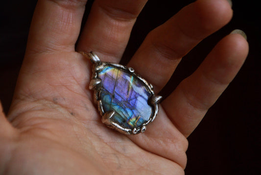 Silver mushroom pendant with stunning rainbow labradorite, enchanted woodland necklace